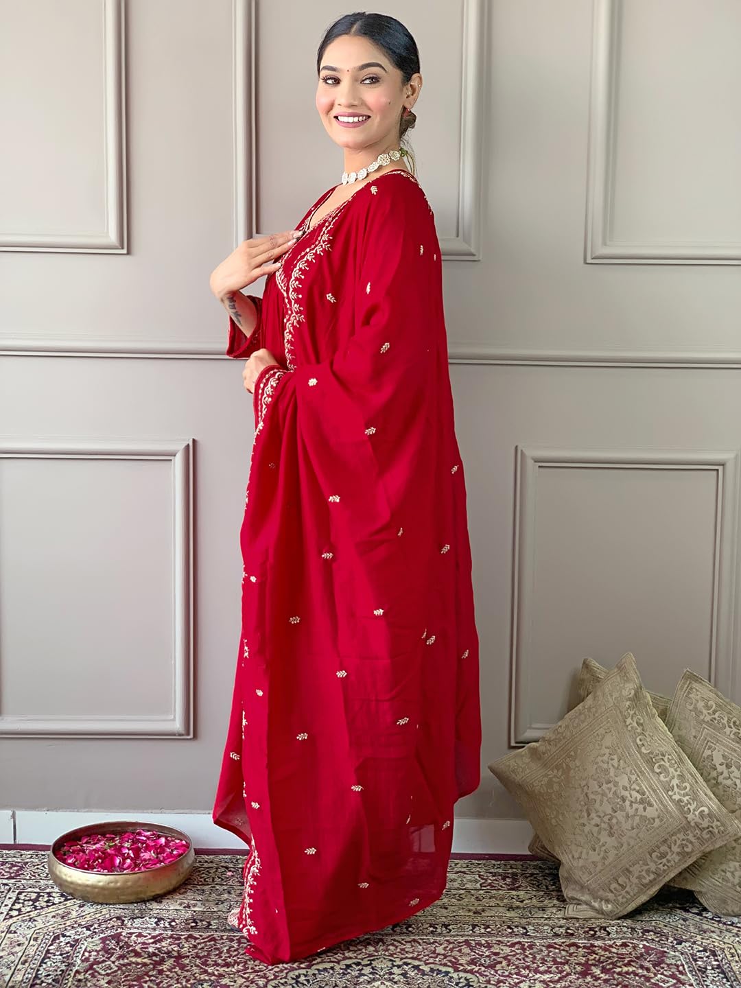 Naixa WomenS Vichitra Silk Embroidered A-Line Kurta With Pant And Dupatta Sets For Wedding Party And Festival Wear (Nx3_443-Red