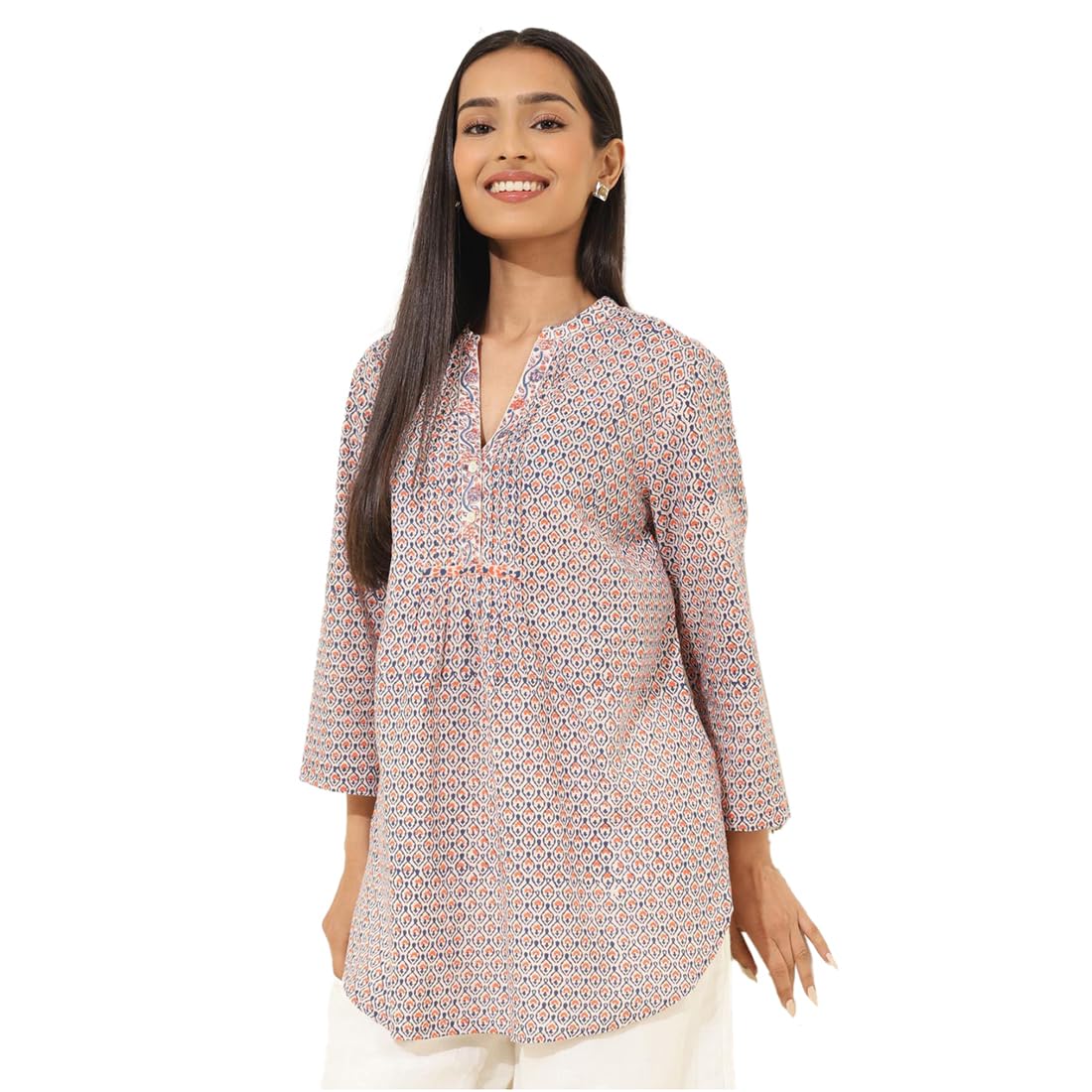 Fabindia WomenS Cotton Printed Regular Fit Tunic (1035753Natural-Orange_Multicolor