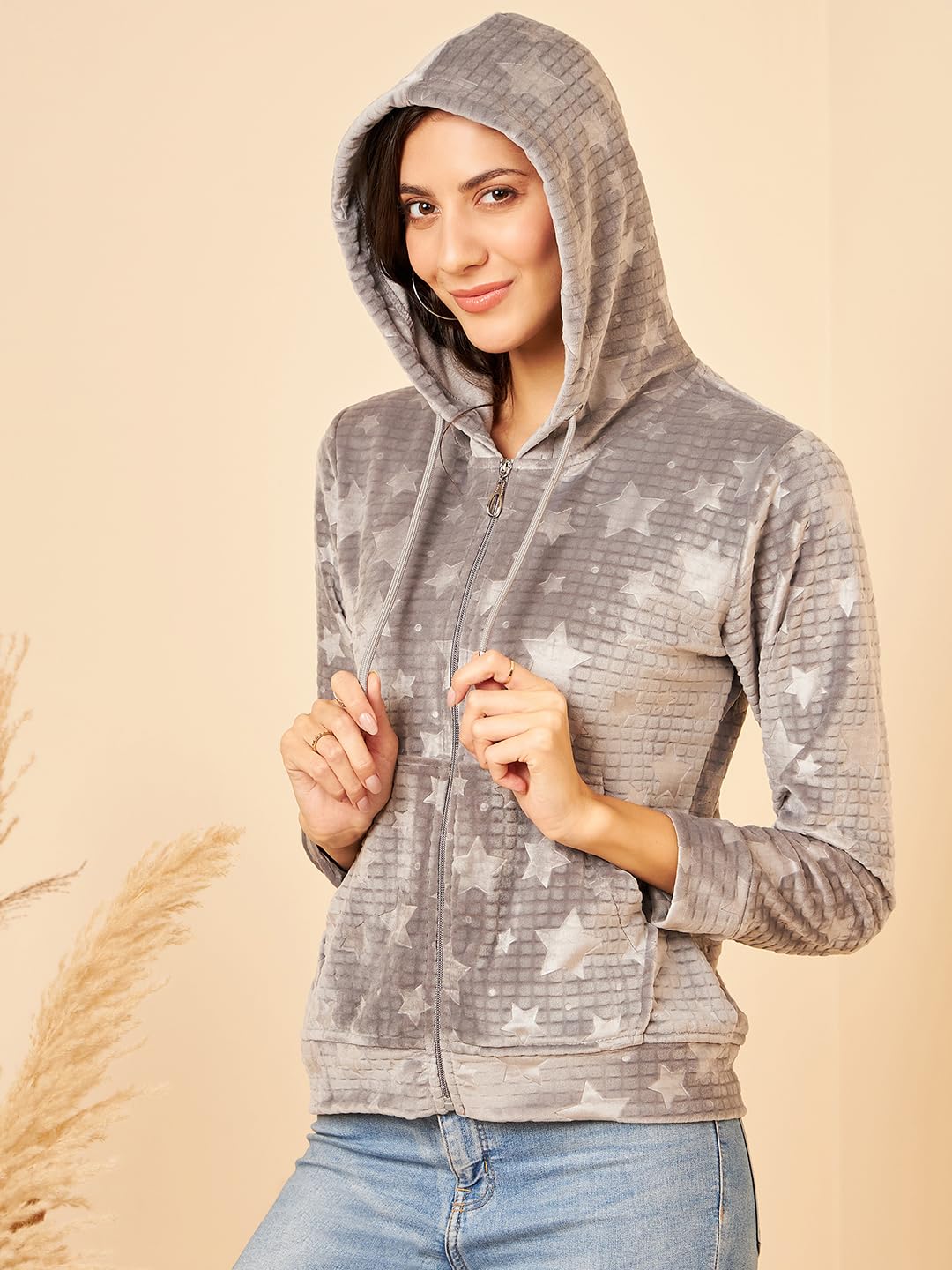 Modeve Full Sleeve Printed Women Jacket For Winter -Grey