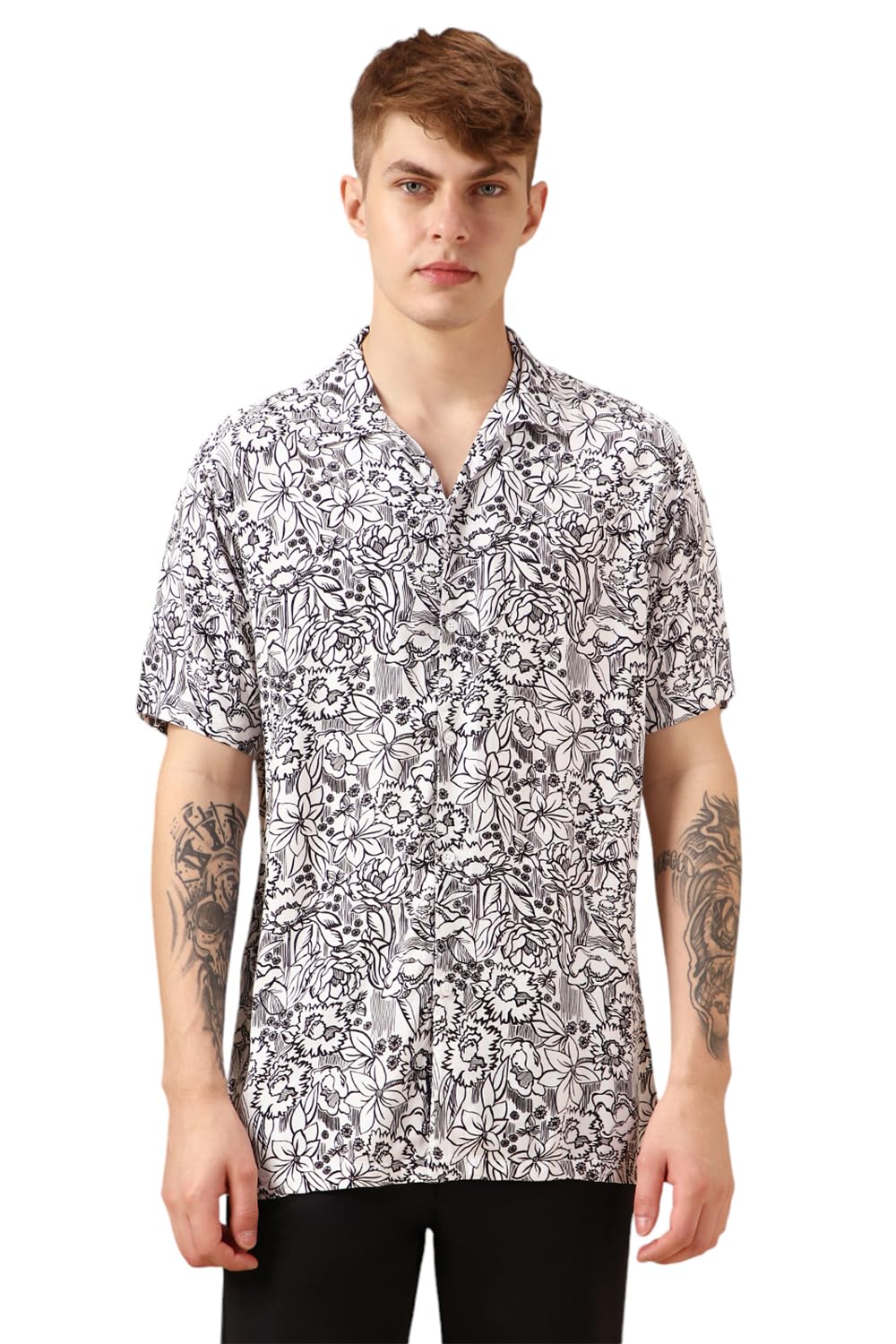 Dennis Lingo Men White Rayon Half Sleeve Cuban Collar Aop Shirts