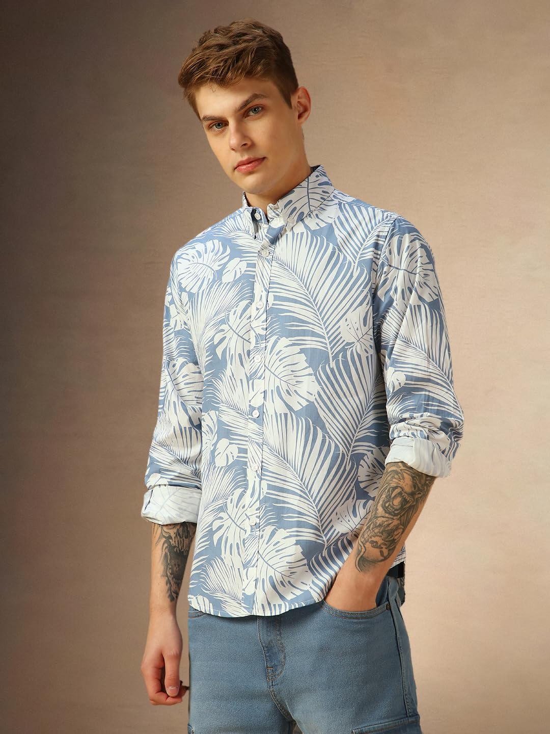 Dennis Lingo Men Blue Printed Cotton Regular Fit Full Sleeve Button Down Collar Casual Shirt