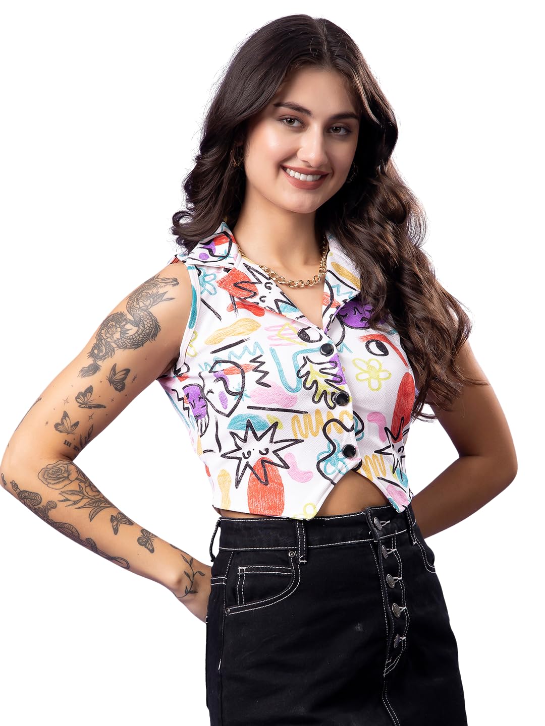 POPWINGS White Geometric Printed Button Clousre V Neck Sleeveless Waistcoat Crop Top