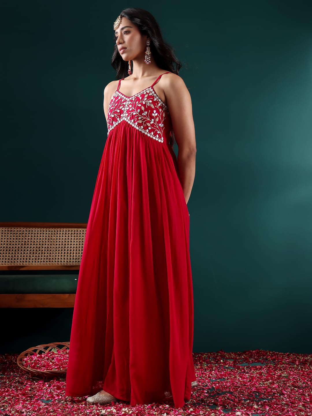 Varanga Women Fuchsia Embroidered Anarkali Kurta Set With Tonal Dupatta Zari & Mirror Embroidery, V-Neck, Fringed Dupatta