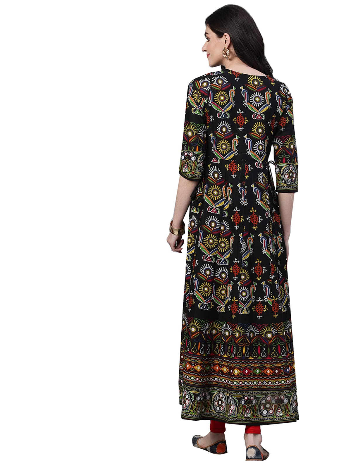 ishin Women's Cotton Anarkali Printed Mirror Work Ethnic Motifs Print Black Kurti