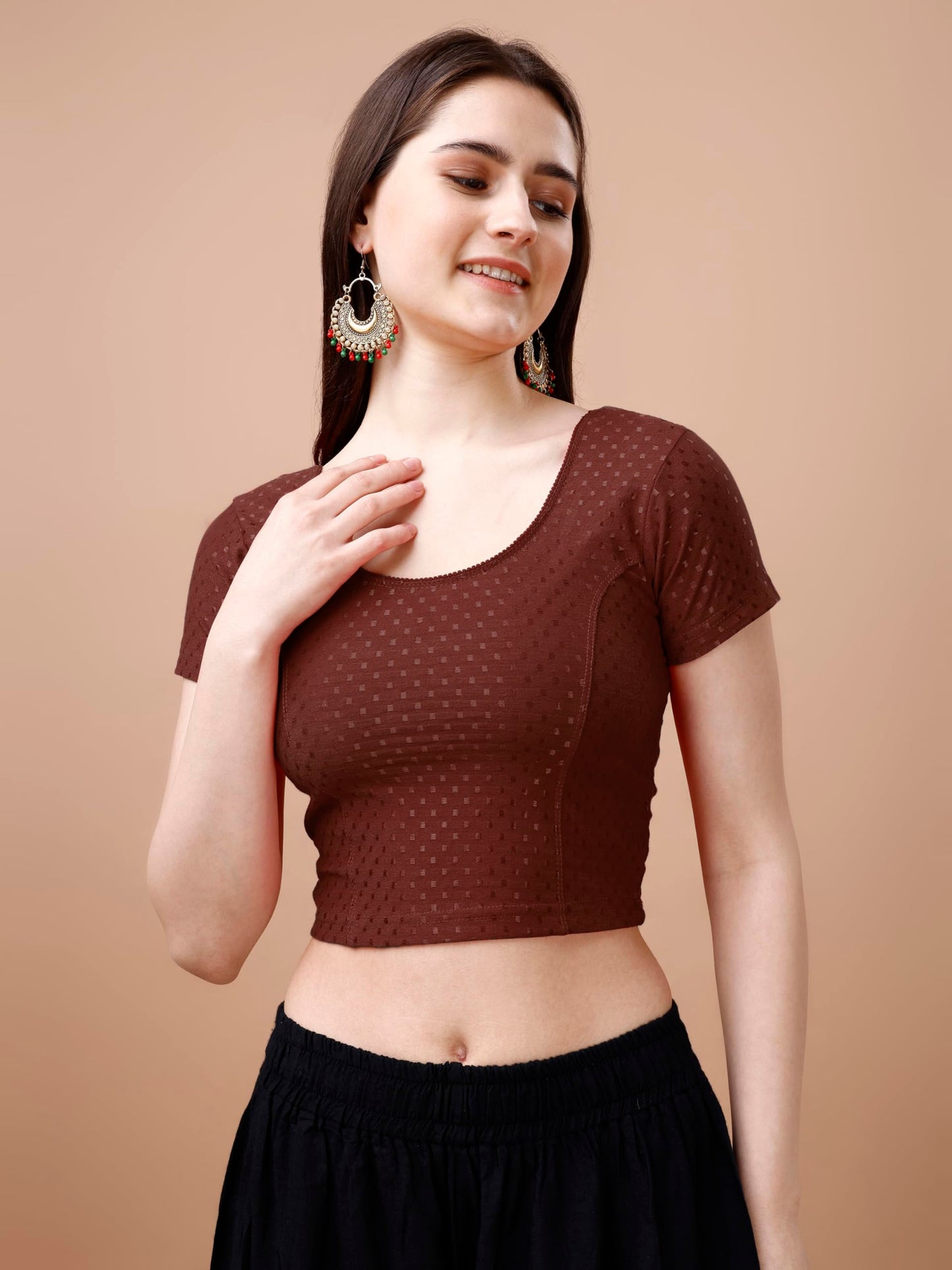 Pujia Mills Womens Readymade Dobby Cotton Lycra Stretchable Round Neck Short Sleeve Blouse Fancy Brown Color Lycra Stretchable