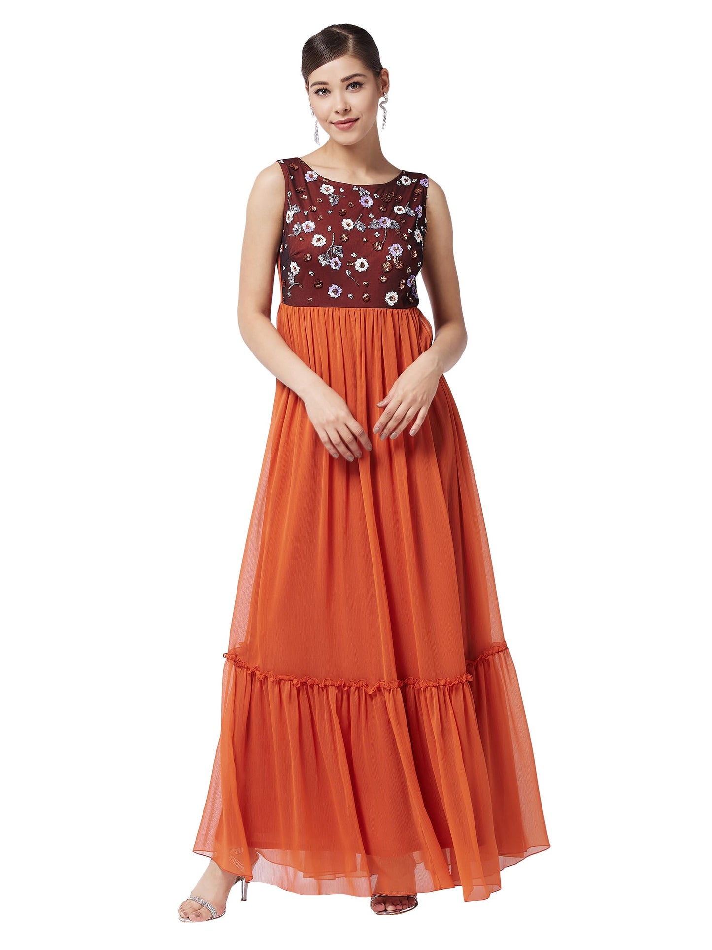 Miss Chase WomenS Round Neck Sleeveless Solid Embroidered Maxi Dress (Mcaw21D06-39-59-03, Rust, S)