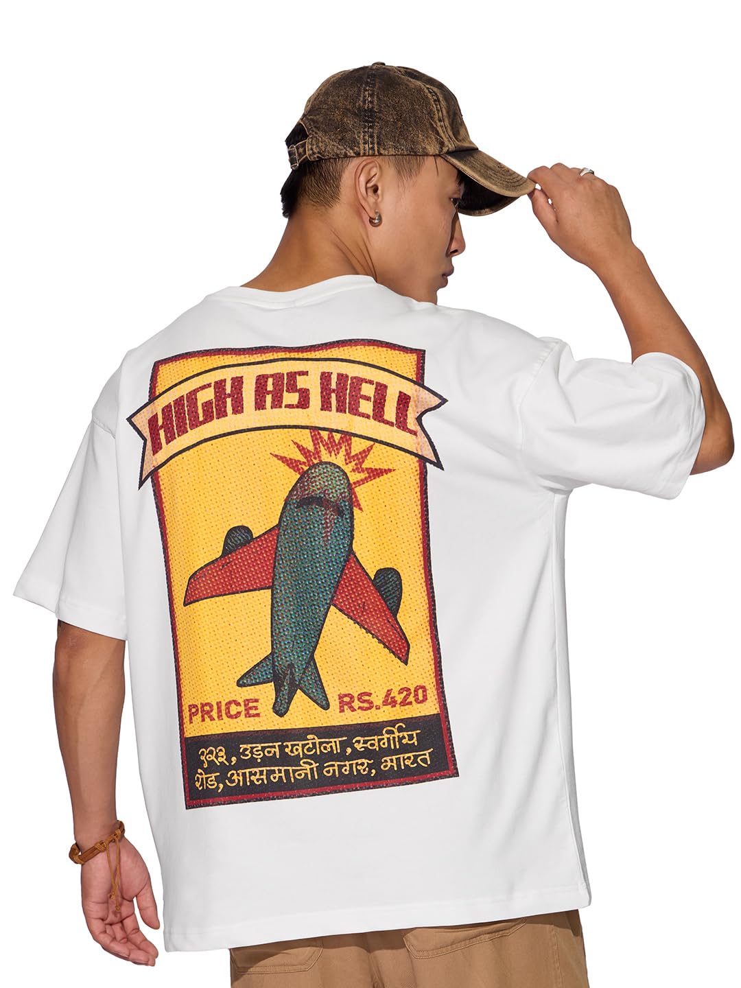 The Souled Store High As Hell Men and Boys Short Sleeve Round Neck White Graphic Printed Cotton Oversized T-Shirt
