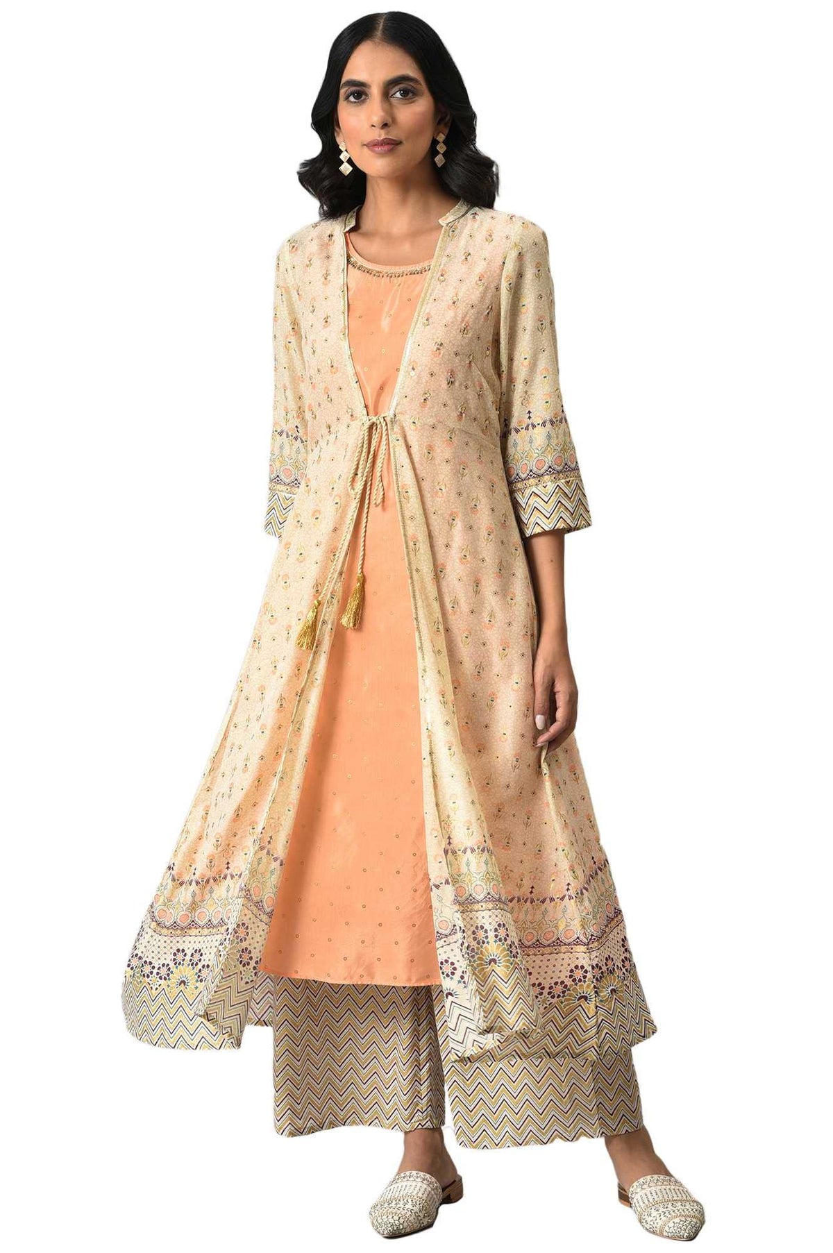 Aurelia WomenS Beige Printed Front Open Gilet With Peach Inner Kurta And Beige Straight Palazzo_22Aud10439-503225_Xl