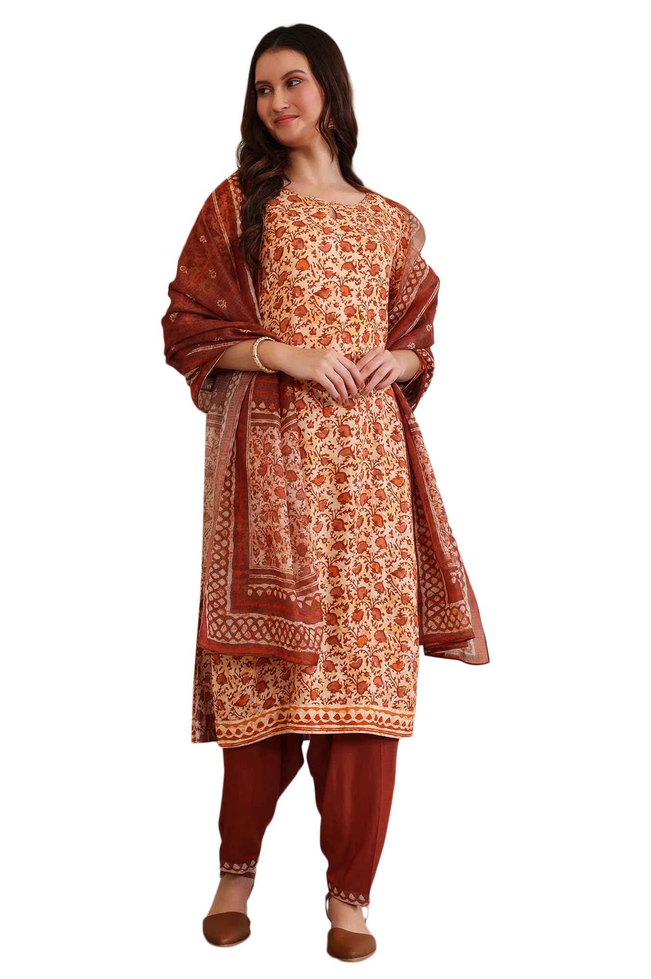 Aurelia WomenS Floral Printed Sequinned Straight Brown Kurta, Salwar And Dupatta Set (Size-Xxl)-As15893-509355