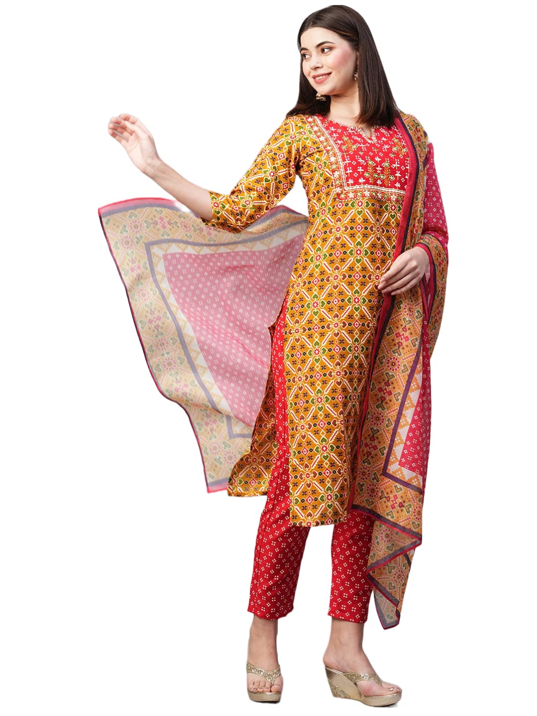 GoSriKi Womens Cotton Blend Straight Printed Kurta with Pant & Dupatta (Makshi-NW-GS)