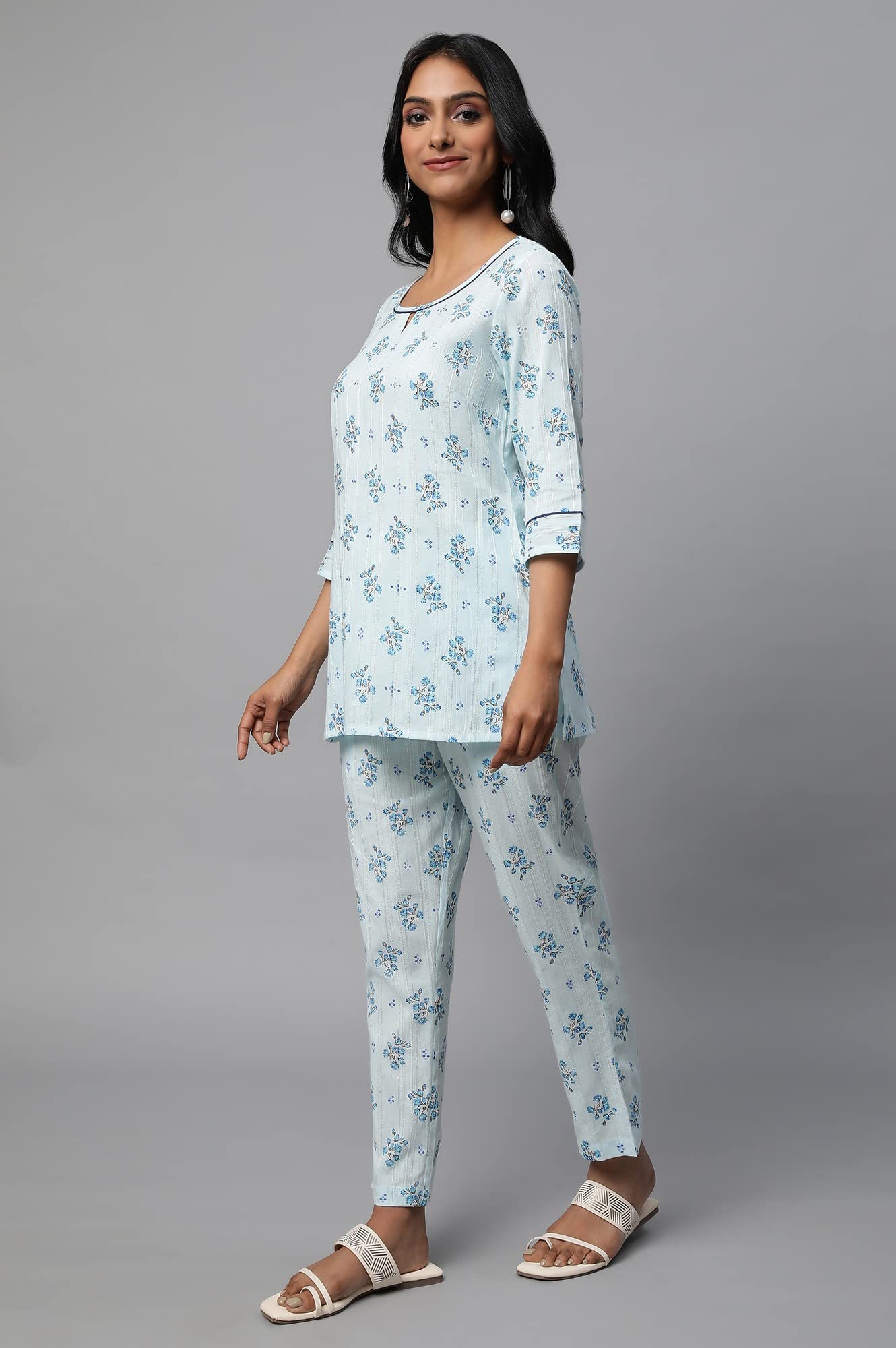 Blue Floral Print Summer Kurti Co-Ord Set