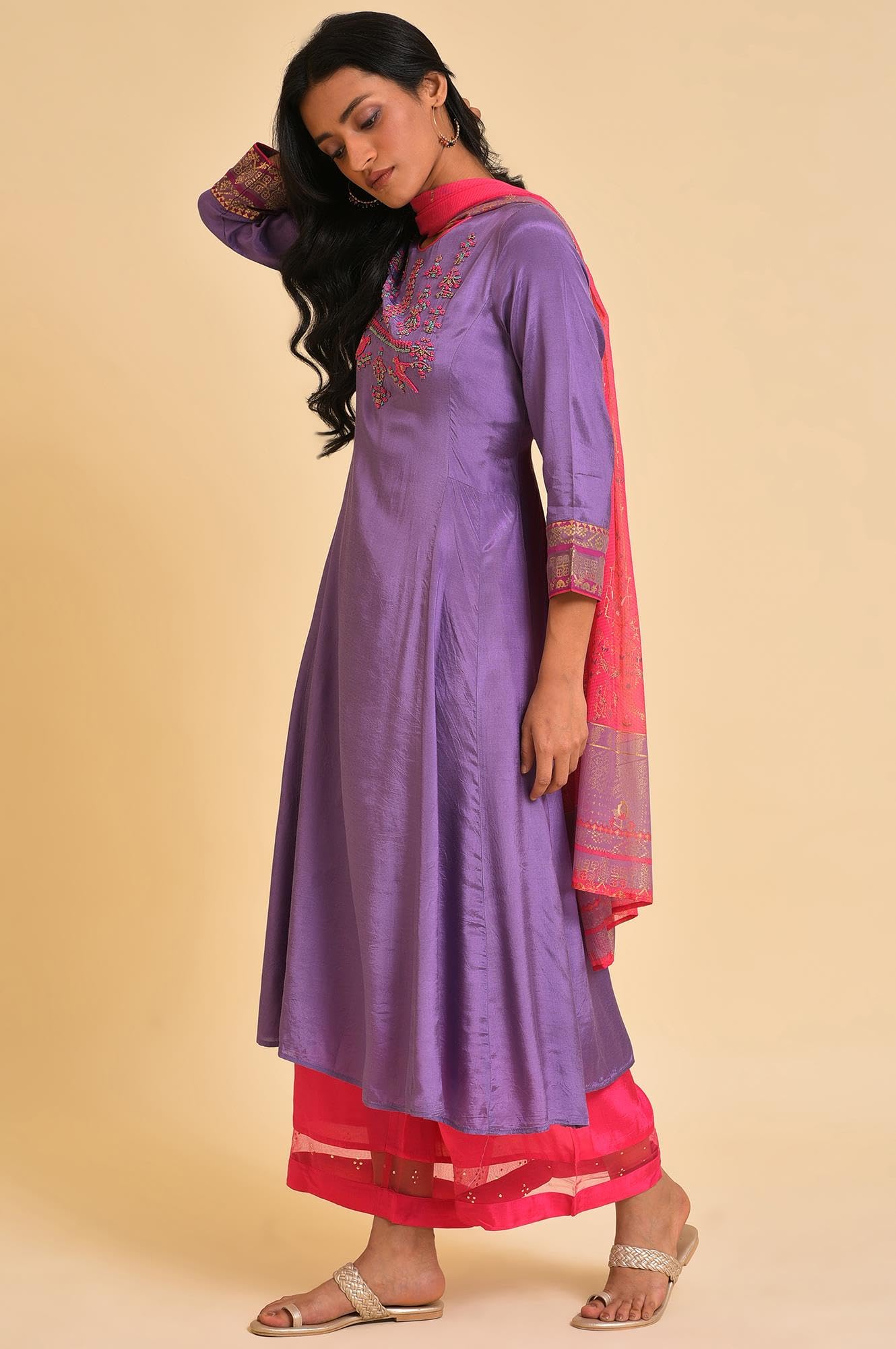 Wishful By W Women Shantung Embroidered Flared Purple Kurta And Pants Set With Dupatta | Embroidered Ethnic Kurta Set With Dupat