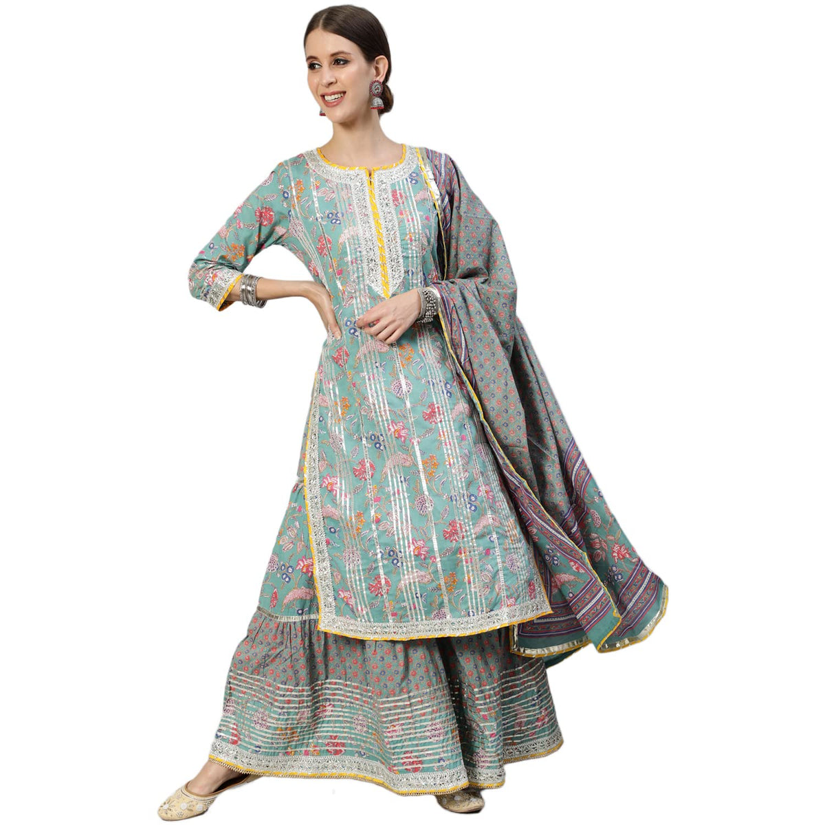 ishin Womens Pure Cotton Blue Embroidered & Gotta Patti Straight Kurta suit set With Dupatta & Sharara