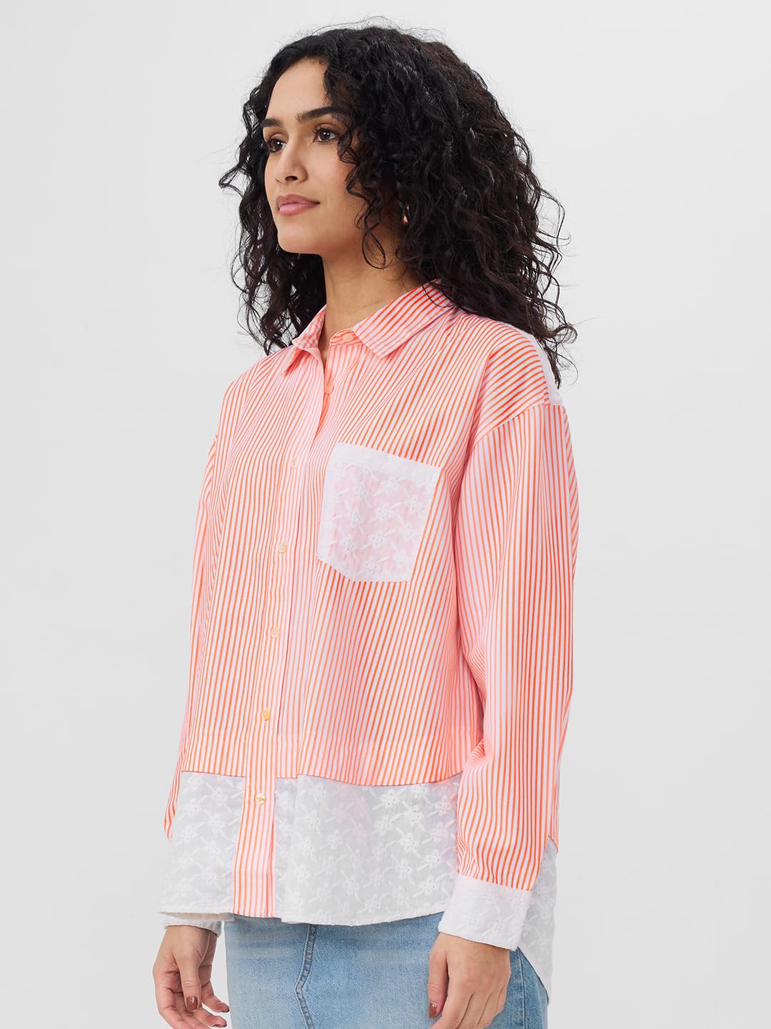 The Souled Store Oversized Stripe Shirt: Poppy Women and Girls Long Sleeves Collared Neck Button Front Cotton Boyfriend Shirts