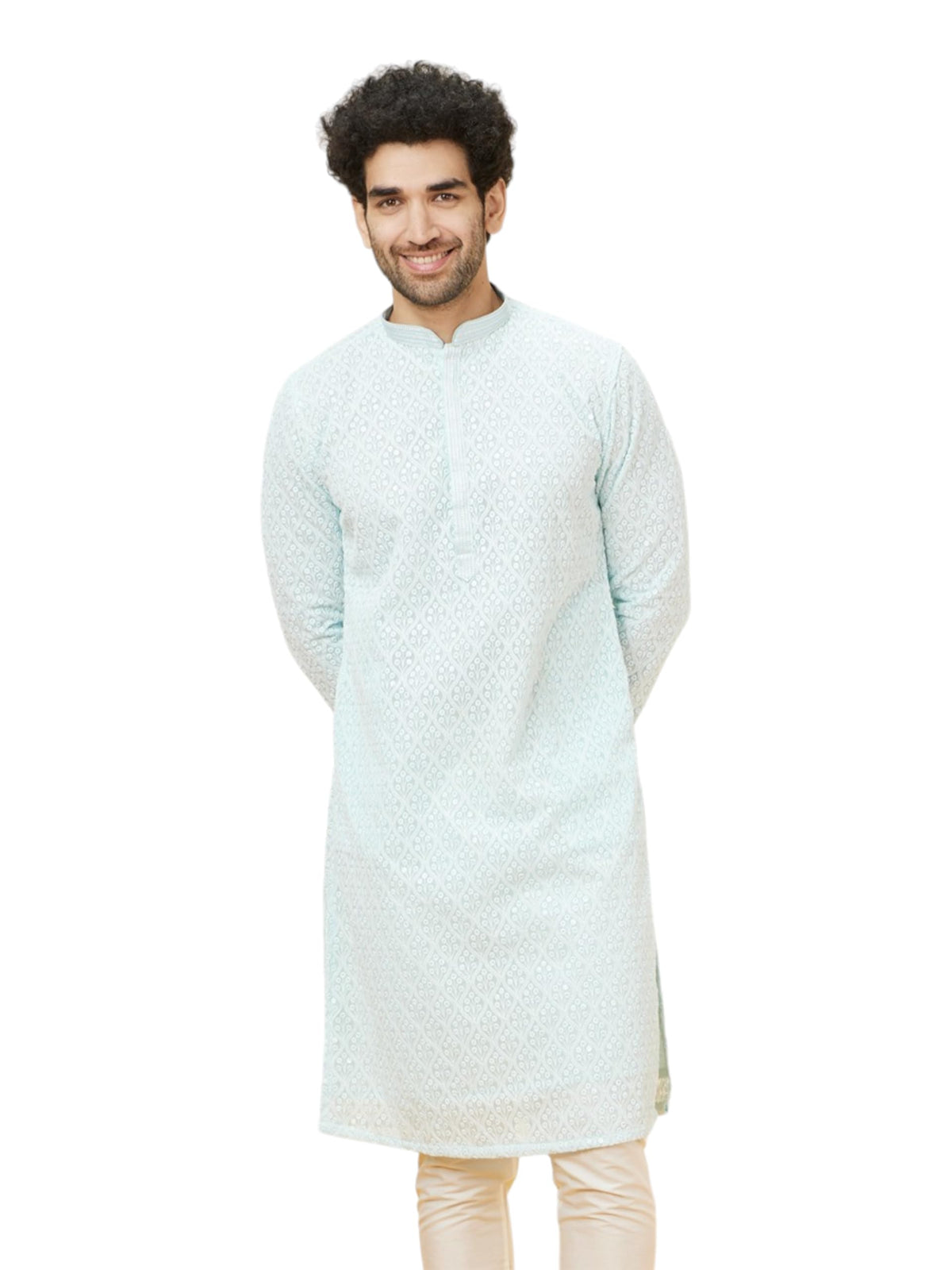 Manyavar MenS Blue Georgette Embroidered Kurta Pyjama Set