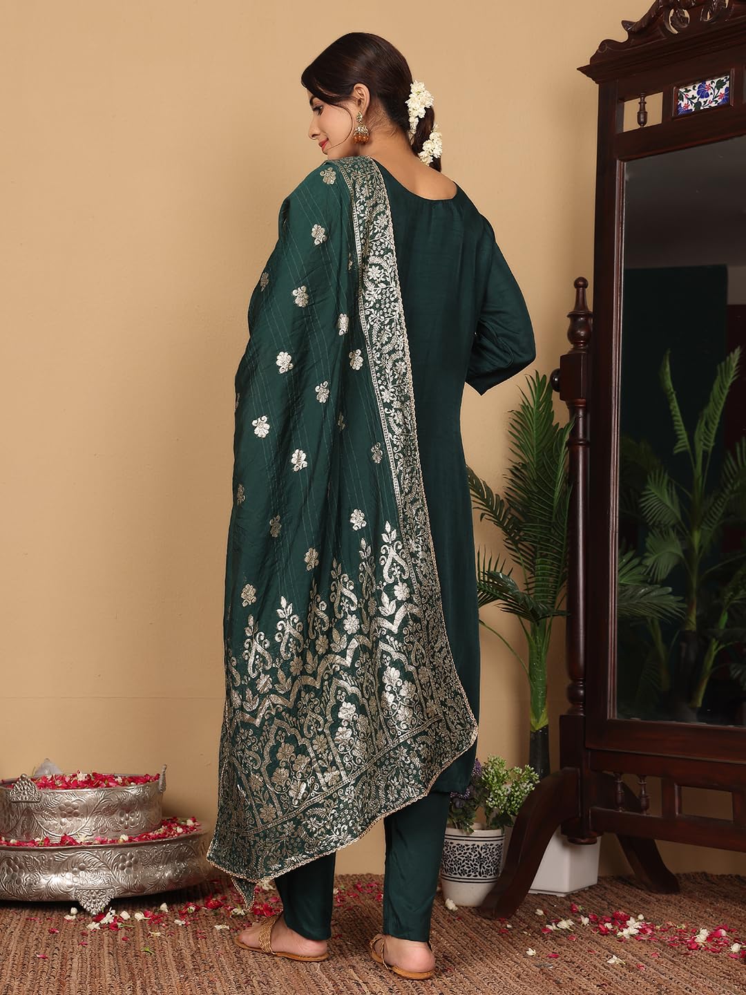 Varanga Women Pure Silk Round Neck Embroidered Kurta with Bottom and Dupatta