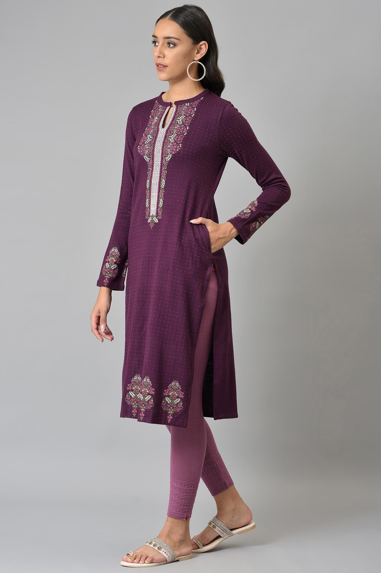 W for Woman Women Acrylic Floral Printed Winter A-Line Flared Kurta