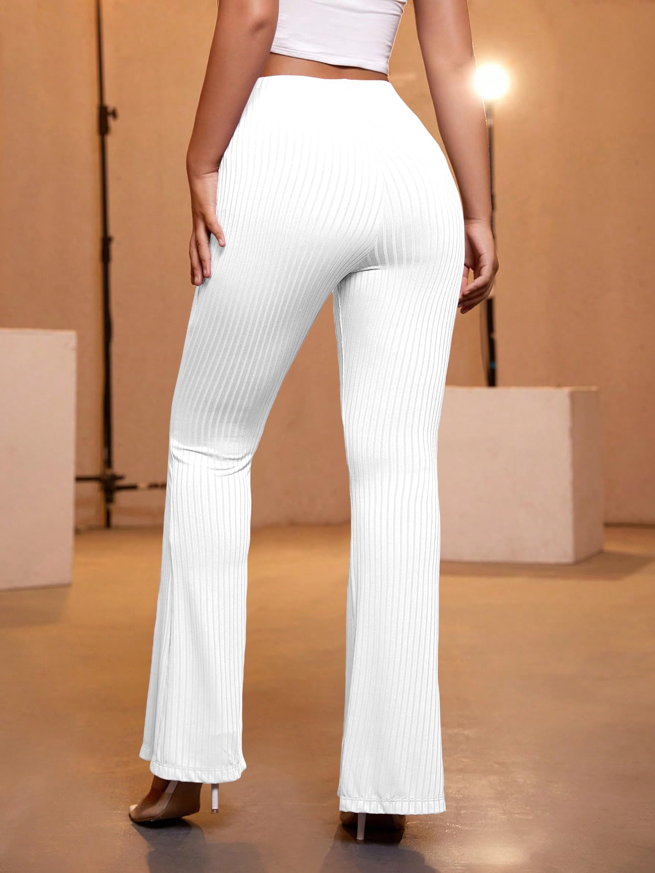 AVANOVA White Womens Yoga Dress Pants Stretchy Work Slacks Business Casual Office Flare Bell-Bottom/Boot-Cut Elastic Waist Regu