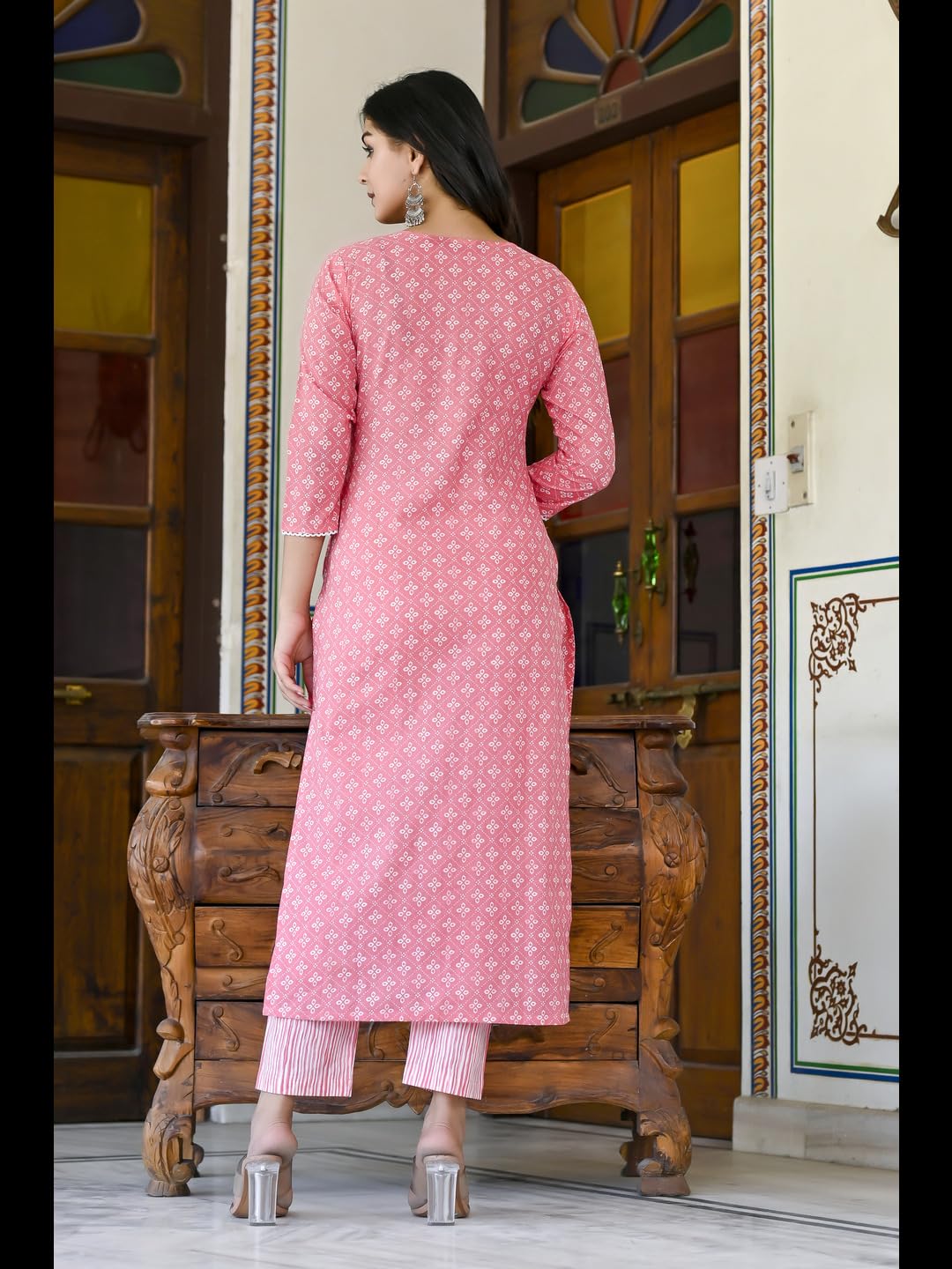 GoSriKi Women's Cotton Blend Straight Printed Kurta with Pant (Tai Pink-2NW-GS)