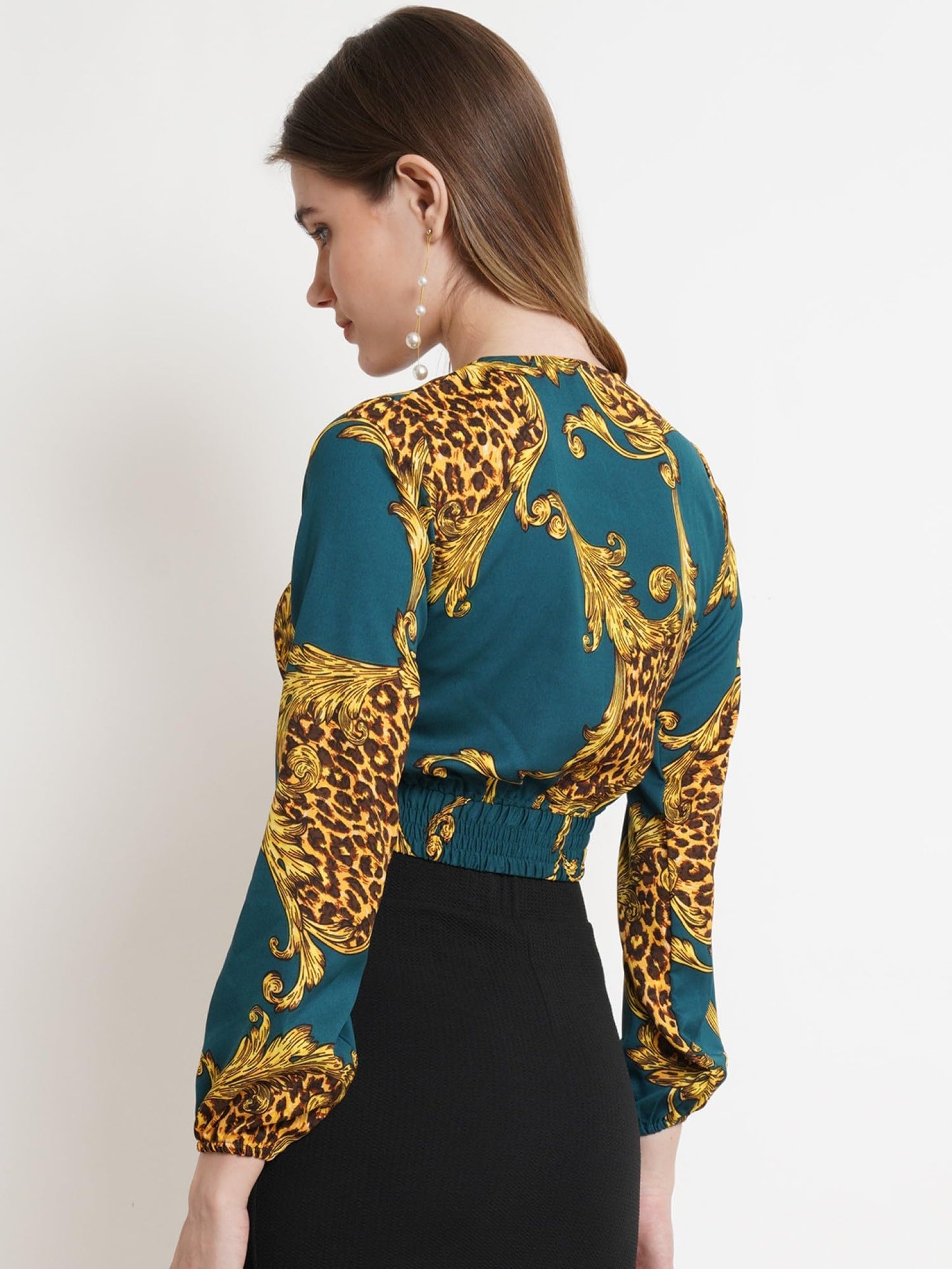 POPWINGS Casual Animal Print Full Sleeves Crop Top for Women || V-Neck Crop Top for Women || Crop Tops for Women Summer Crop Top