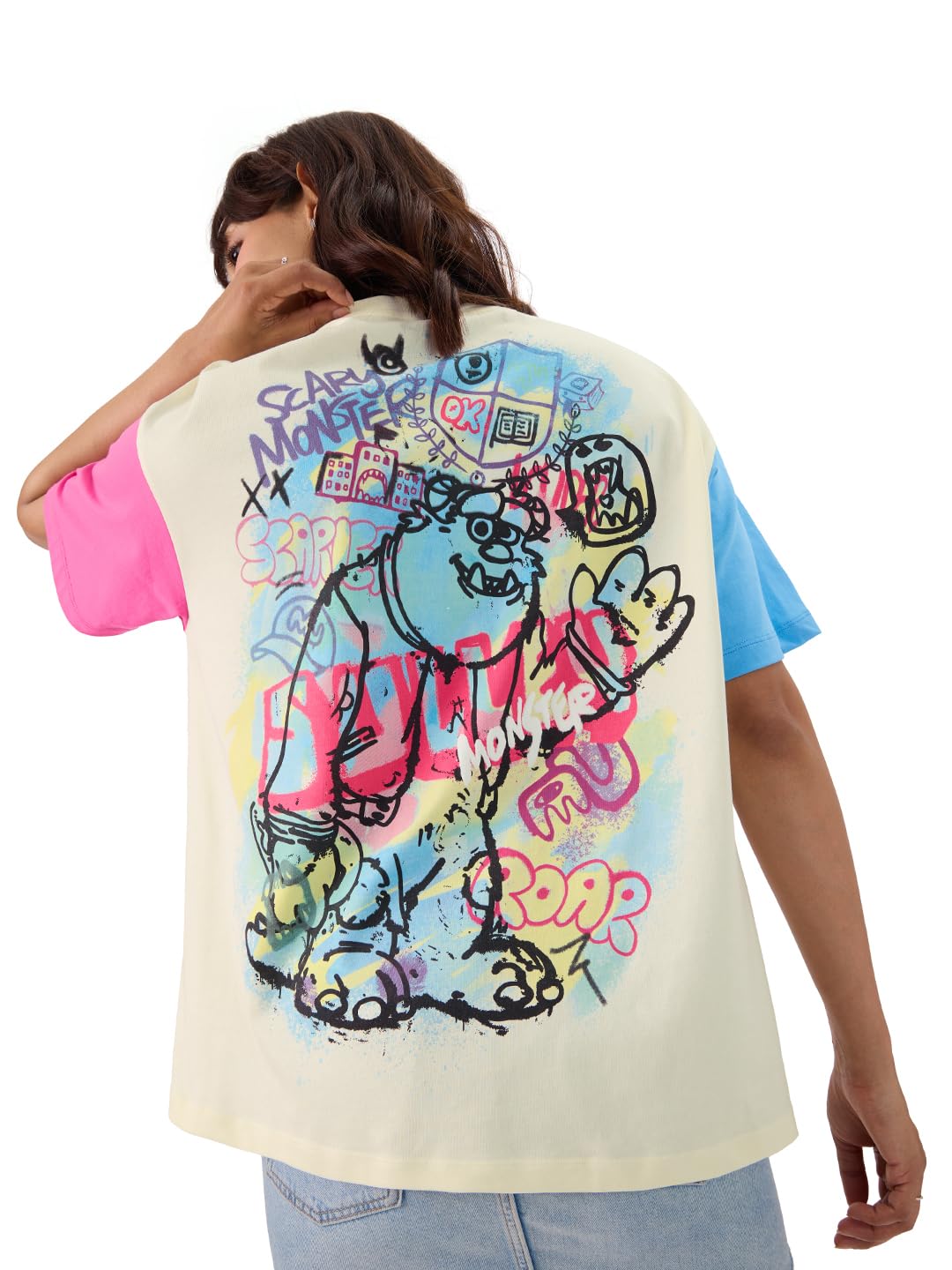 The Souled Store Official Disney: Pixar Monsters Women and Girls Short Sleeve Round Neck Multicolor Graphic Printed Cotton Overs