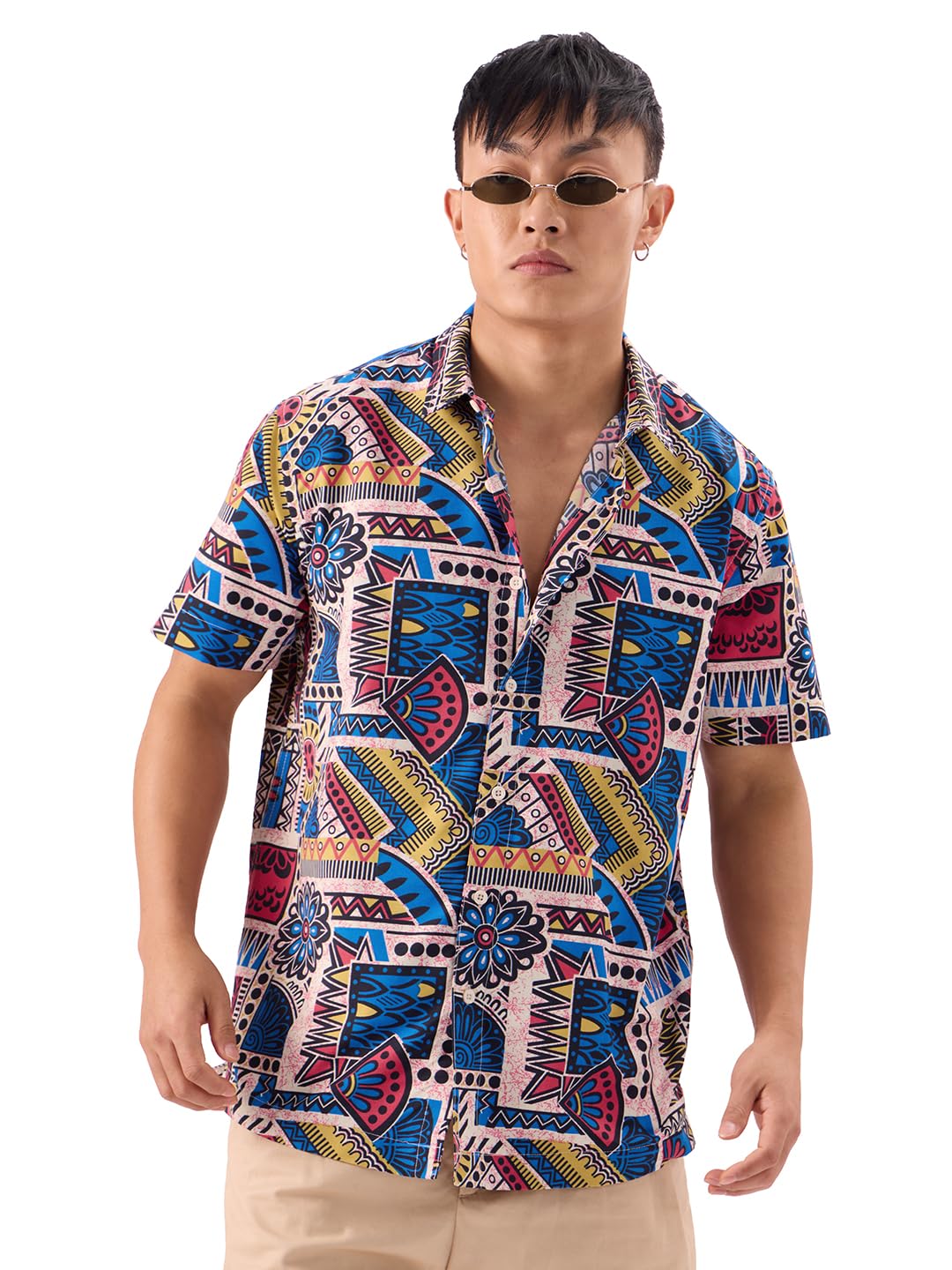 The Souled Store Enigma Men and Boys Short Sleeves Collared Neck Button Front All Over Printed Cotton Holiday Shirts