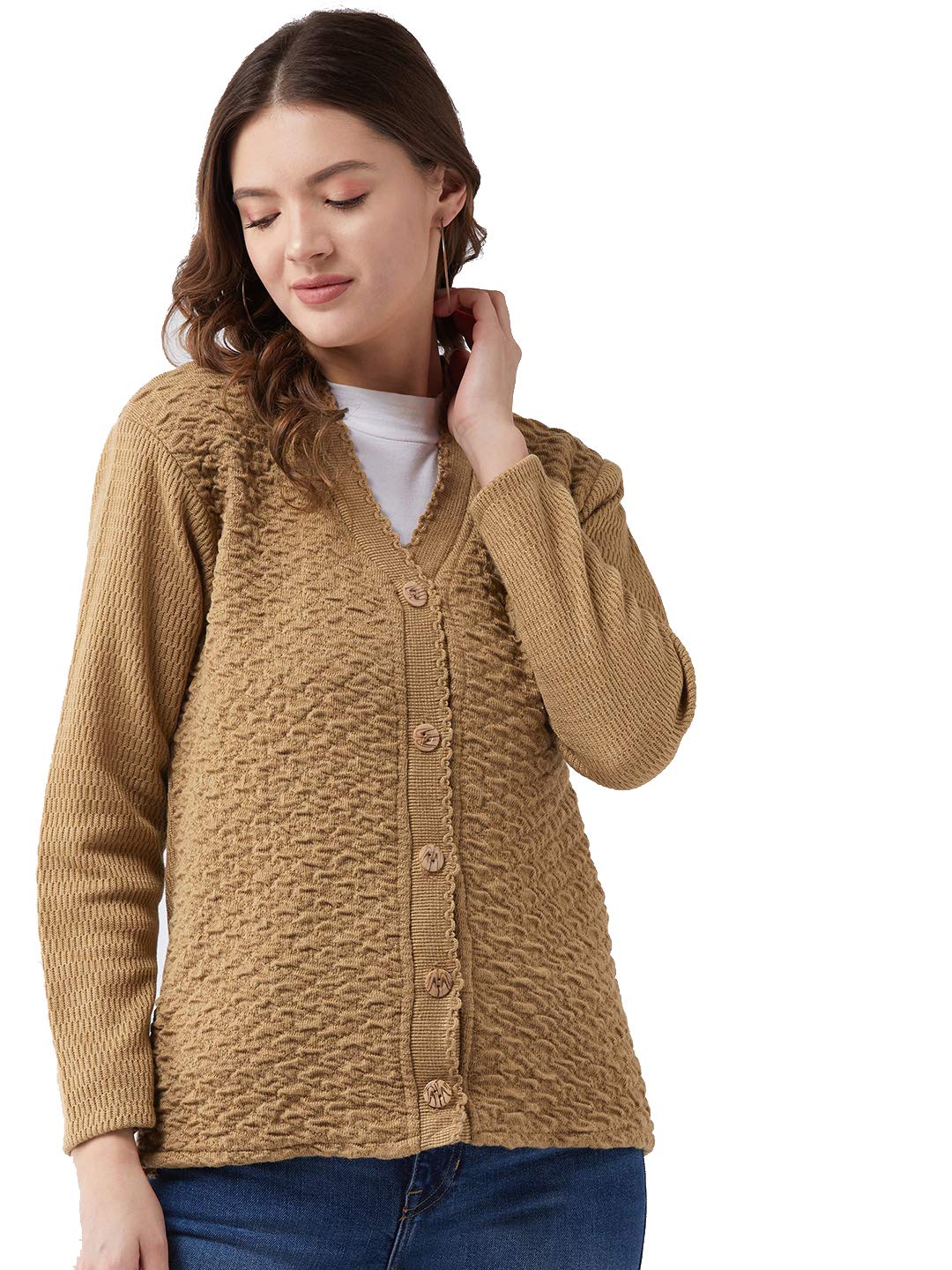 Pivl Womens Blended V-Neck Cardigan Sweater (PV502_Camel