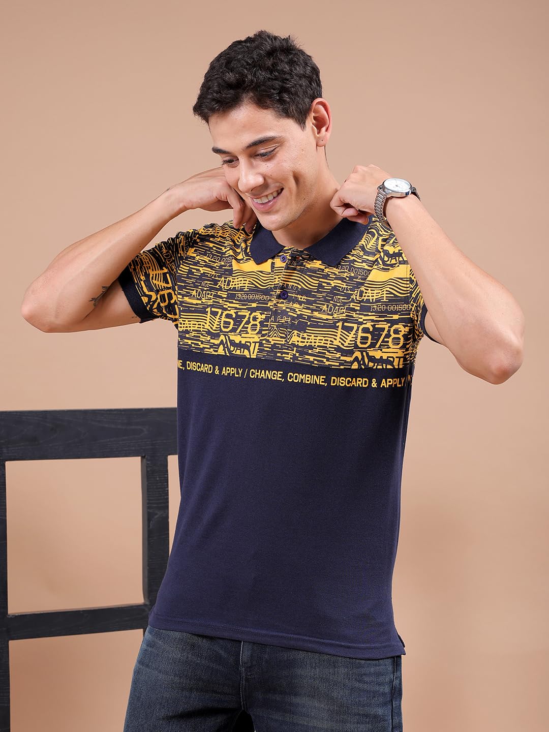 The Indian Garage Co Men Slim Fit Abstract Printed Polo Collar Tshirt Yellow