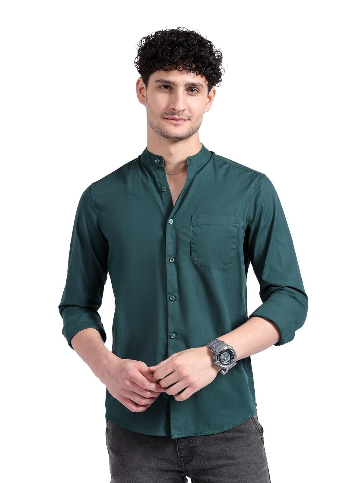The Indian Garage Co Blue Regular Fit Mandarin Collar Solid Long Sleeves Shirt