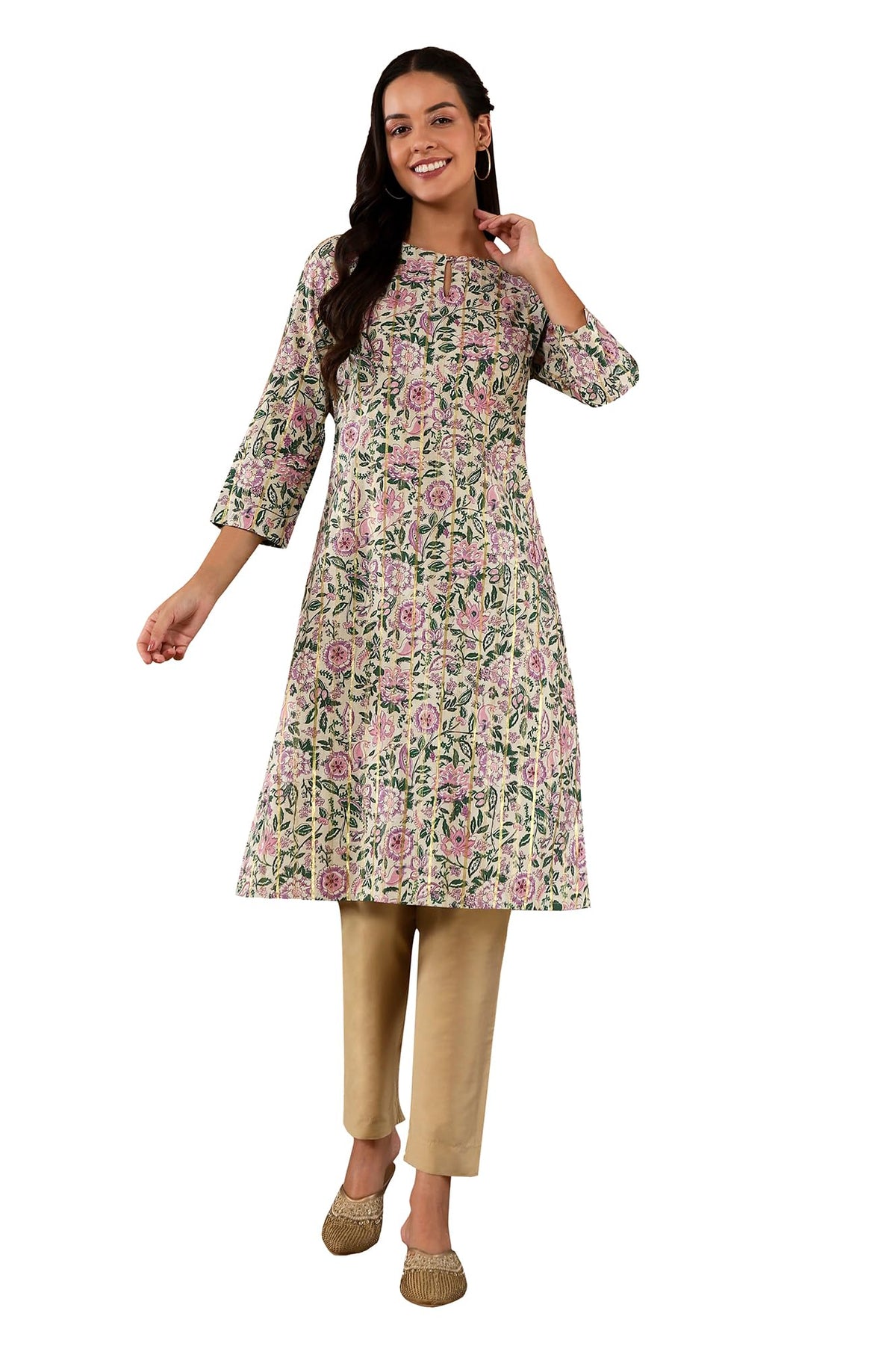 W For Woman Off-W For Womanhite Floral Printed Gota Embellished Cotton Straight Long Kurta