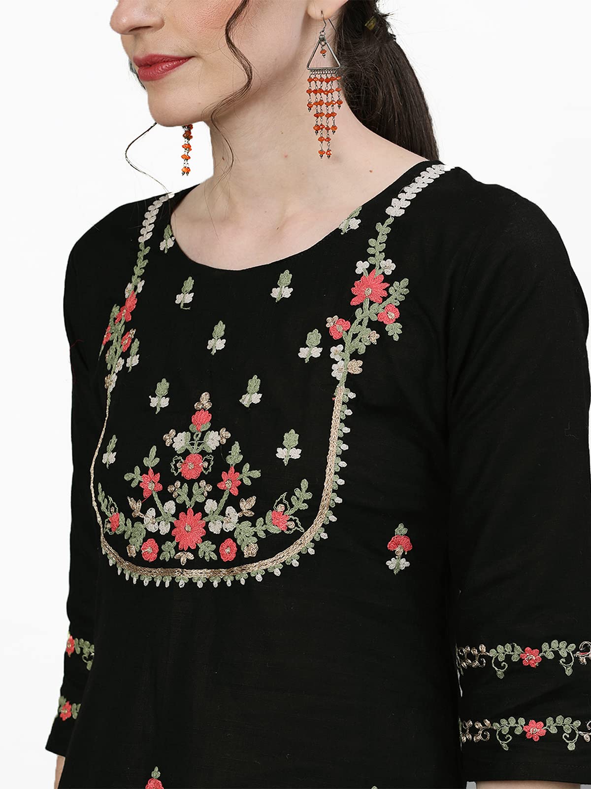ishin Women's Cotton Straight Embroidered Thread Work Floral Print Black Kurti