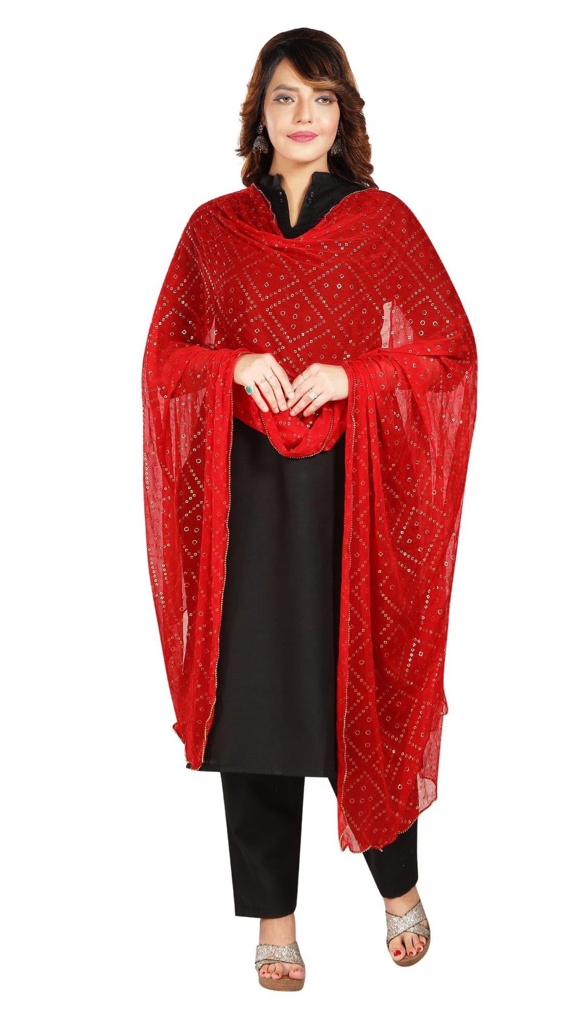 Fabme WomenS Silk Blend Printed Dupatta With Embellish Golden Border Red, Free Size