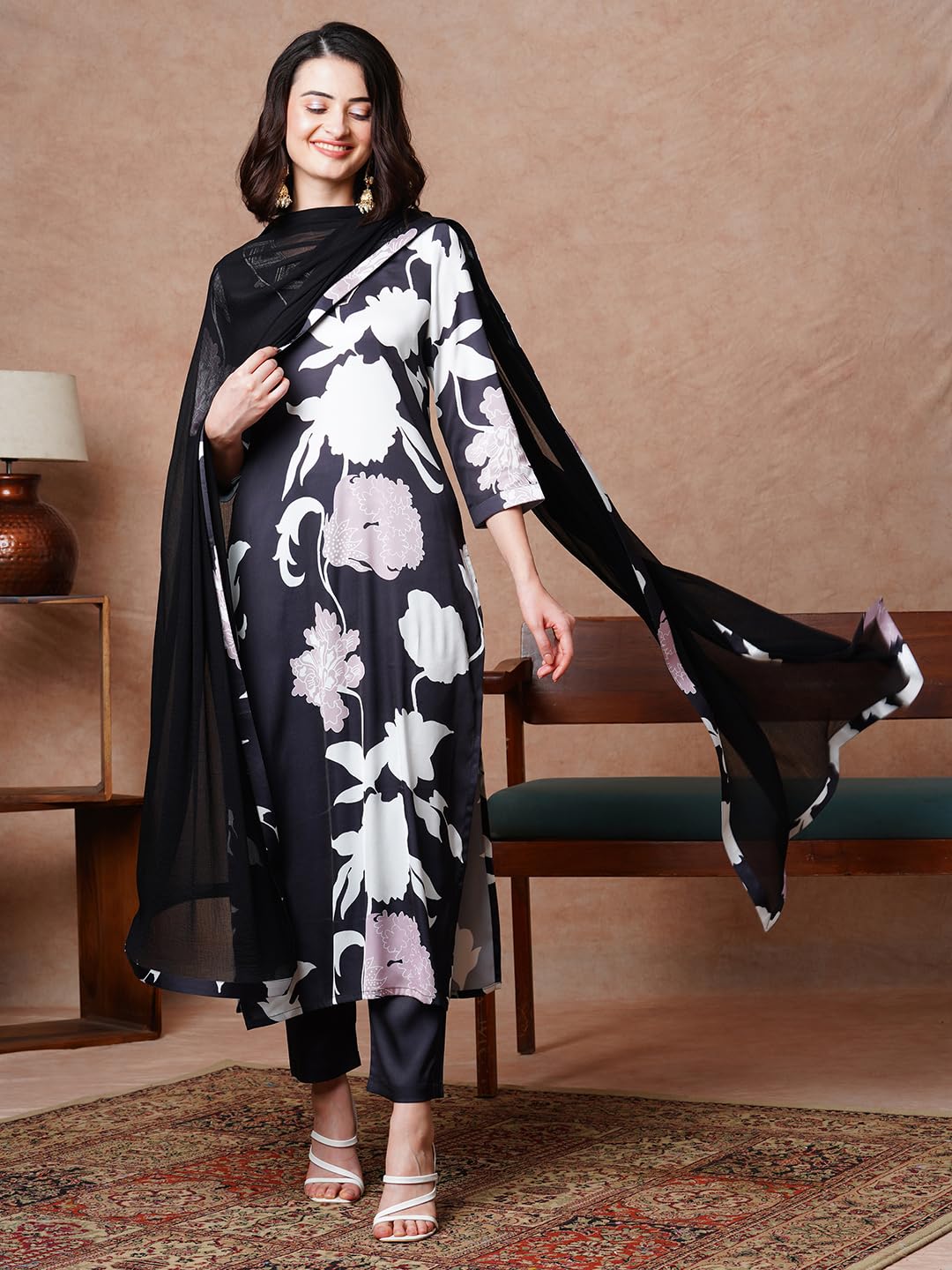 GoSriKi Women's Printed Rayon Blend Kurta with Pants & Dupatta, Size 46, Black, Model KALAL BLACK-NW-GS