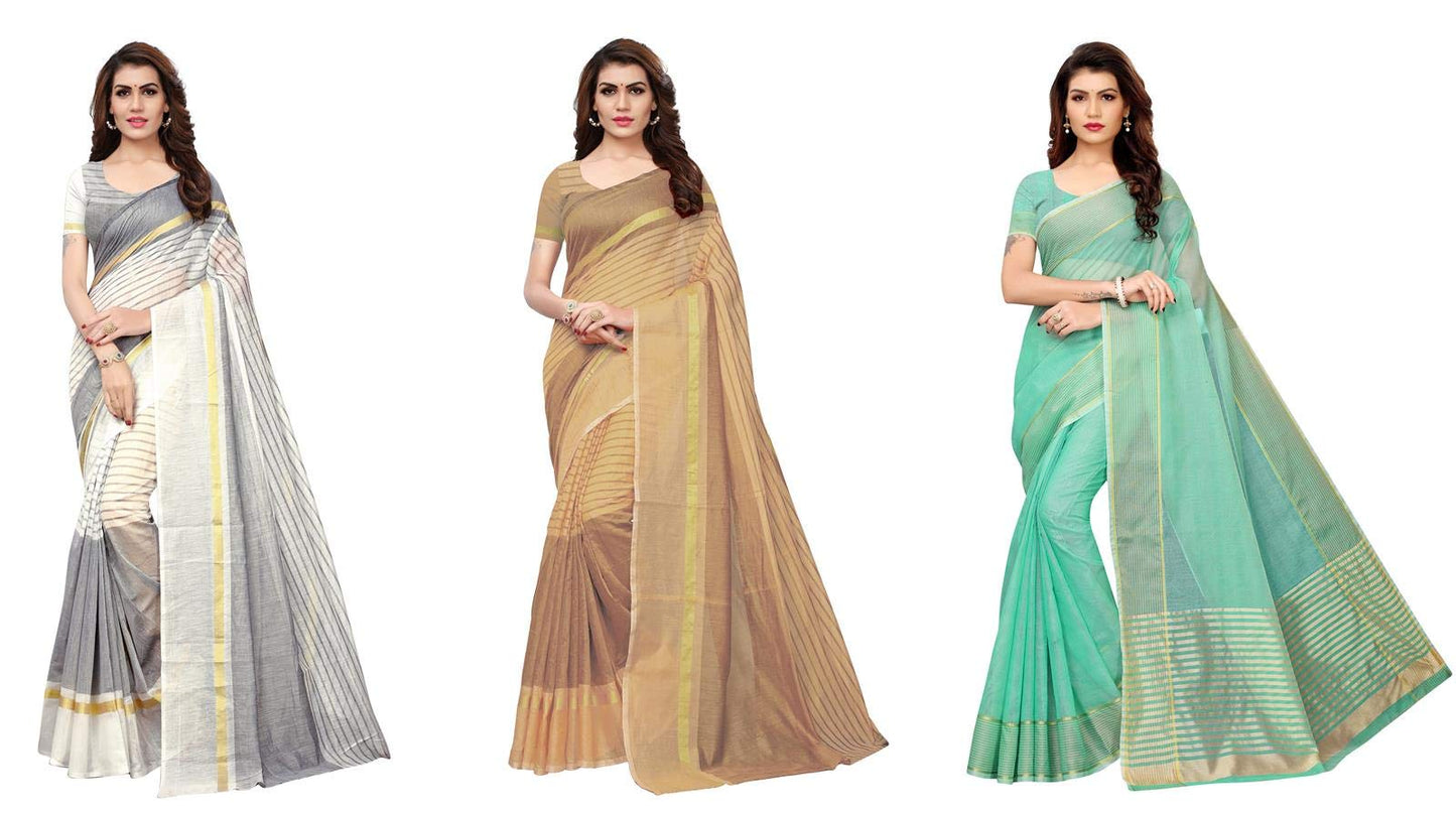 Anni Designer Sarees For Women Multicolored Art Silk Gold Striped Printed Sarees With Blouse Piece (Pack of 3)(ART-CMB-486_Free