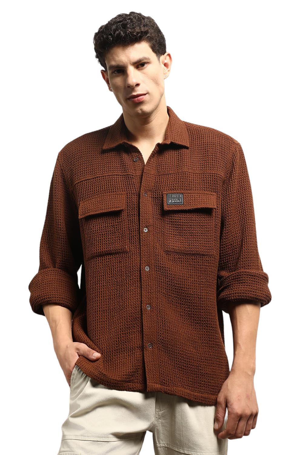 Hubberholme Men Summer Cotton Spread Collar Long Sleeves Oversized Casual Shirt 24 Brown