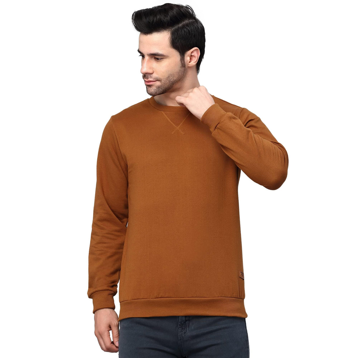 Rigo Men Round Neck Stitch Detail Basic Fleece Sweatshirt (Camel Brown)