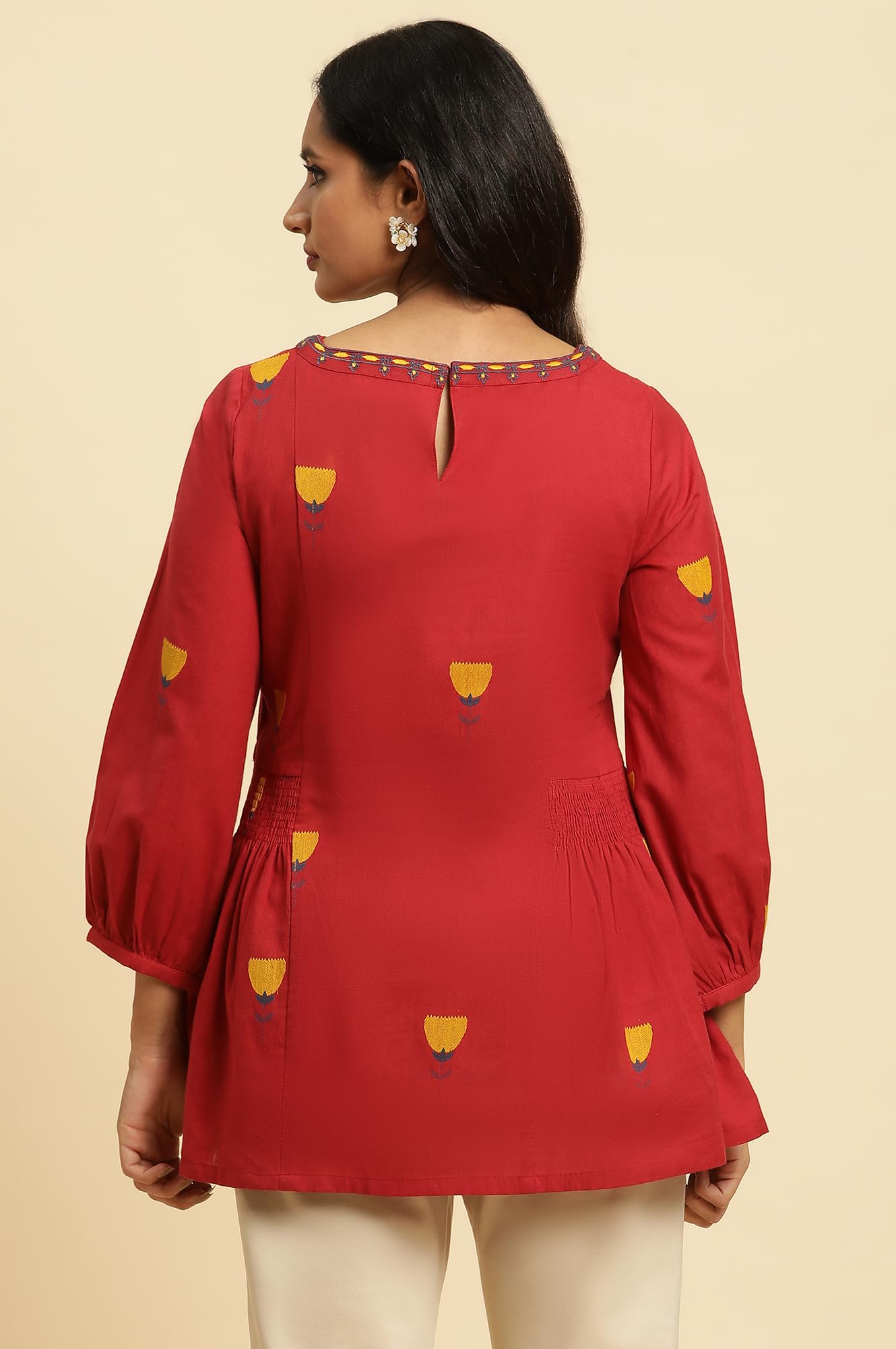 W For Woman Red Embroidered Cotton Tunic Top With Thread W For Womanork