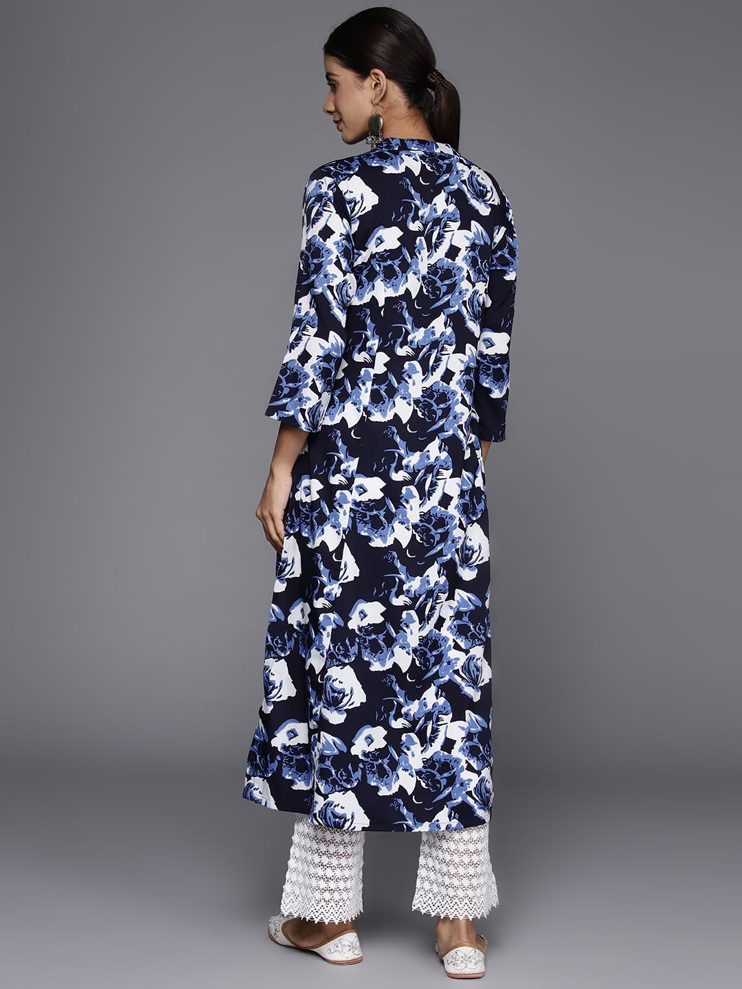 Varanga Navy Blue Floral Printed Mandarin Collar with Slit, Three Quarter Sleeves A-Line Kurta with Side Slits