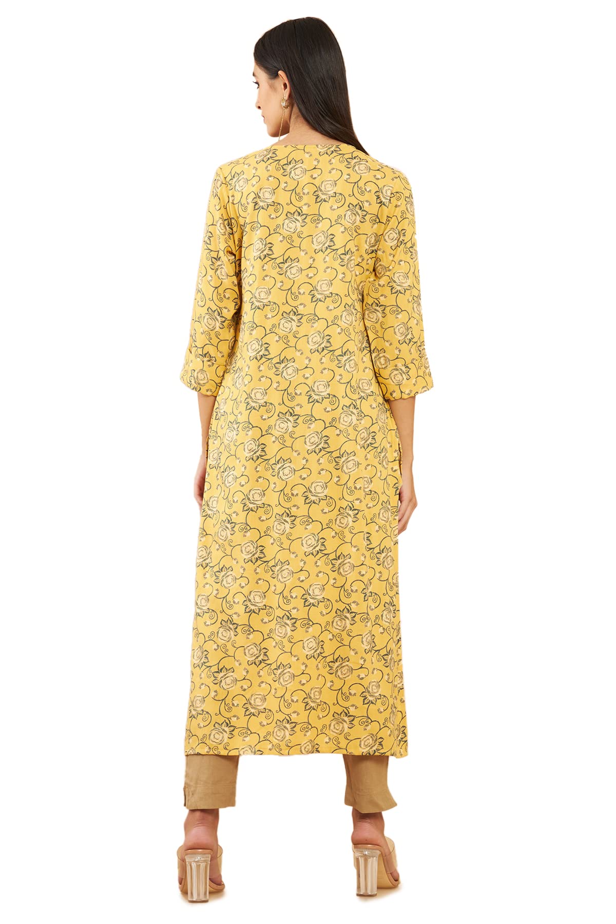 Soch Mustard Yellow Rayon Floral Print Straight Fit Kurta