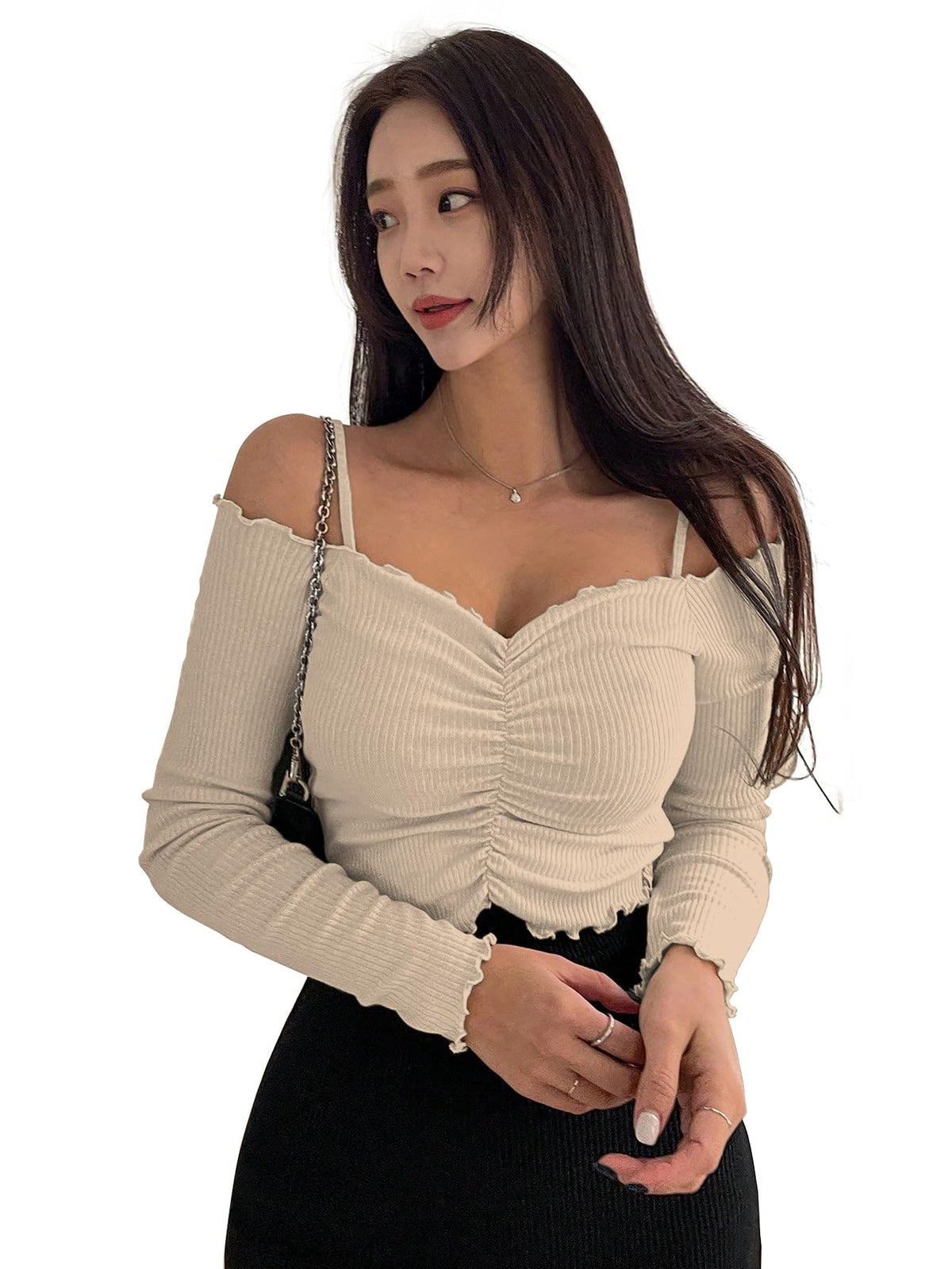 Sugathari Womens Skin Solid Colour Open Cold Off Shoulder Long Sleeve Lettuce Hem Casual Autumn Trim Tight- Slim Fitting Ruched