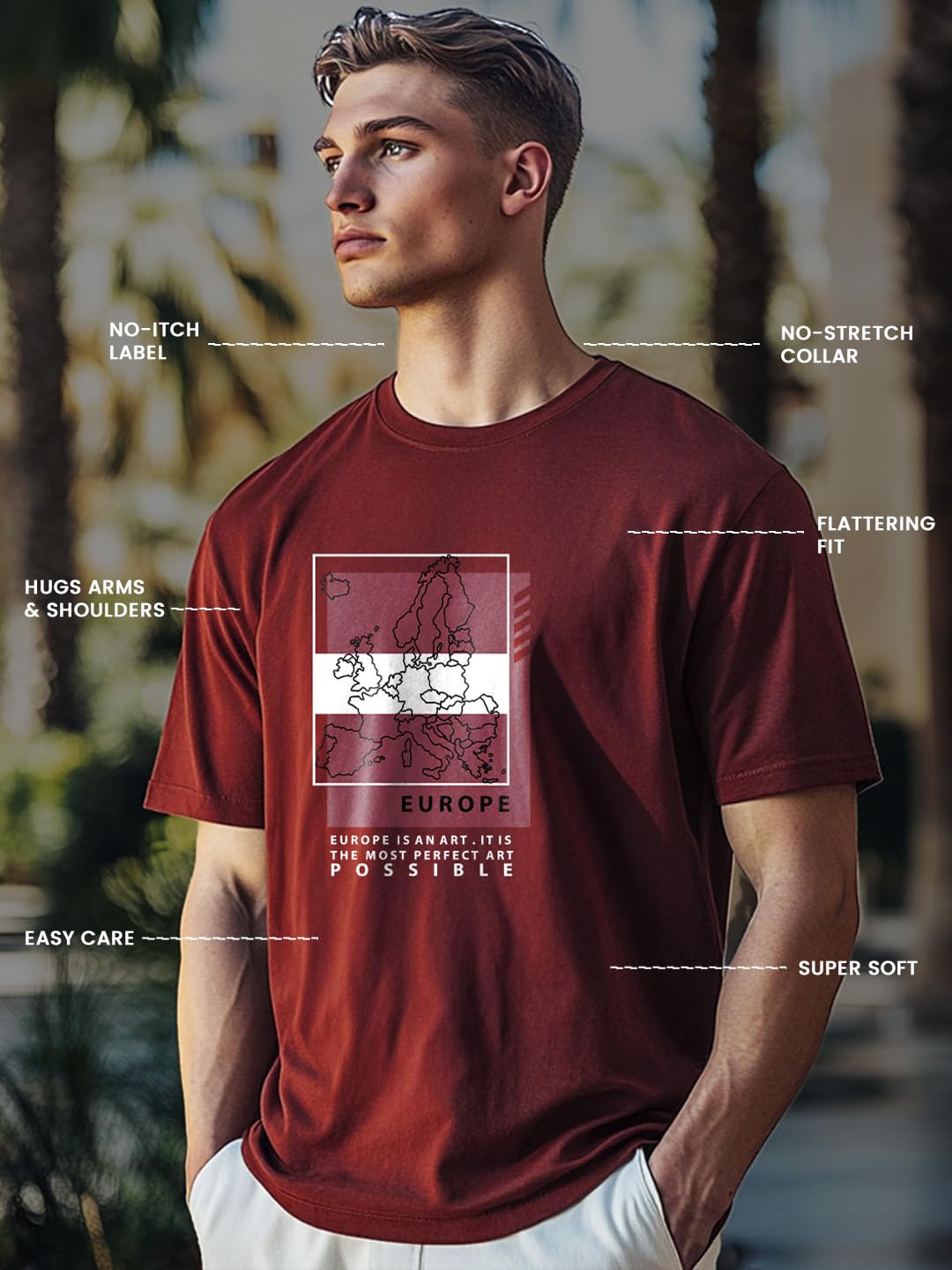 Nobero MenS Graphic Print Regular Fit T-Shirt (1M-Twts-C1042-Ag_Europe Map-Wine Red
