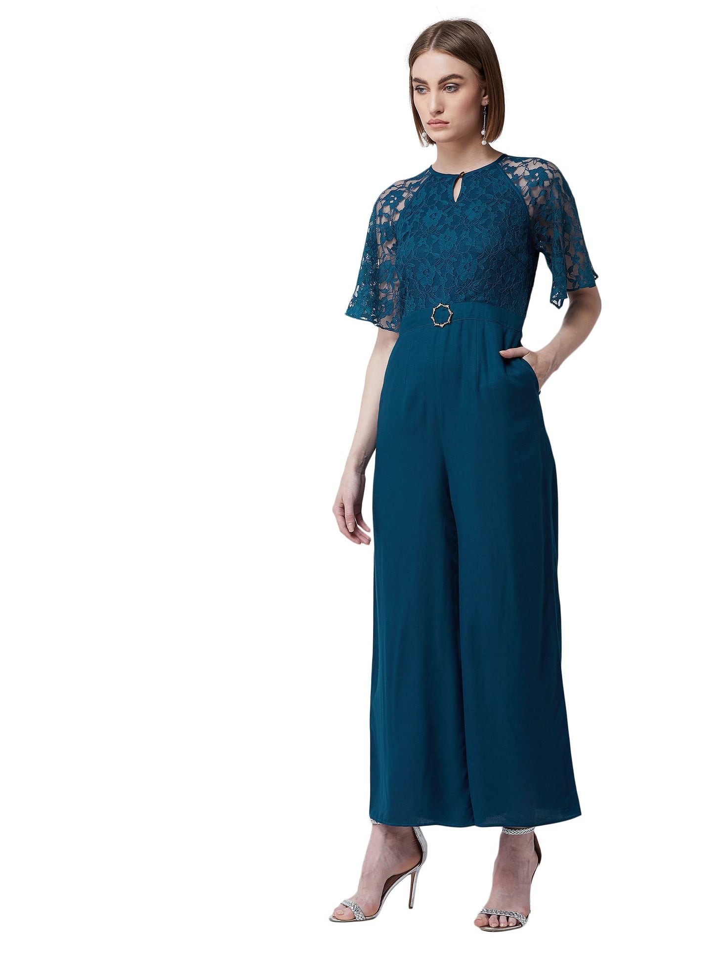 Miss Chase WomenS Teal Round Neck Flared Sleeve Floral Raglan Regular Jumpsuit(Mcss20D04-51-83-06,Blue,Xl)