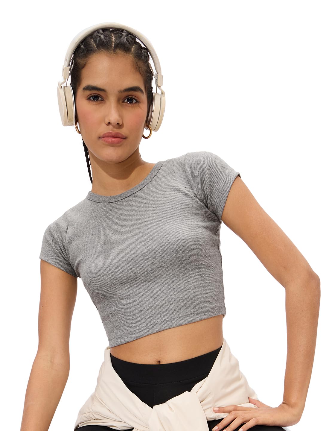 The Souled Store Ribbed Top: Light Grey Solids Women and Girls Short Sleeves Square Neck Polyester Blend Slim Fit Cropped Tops