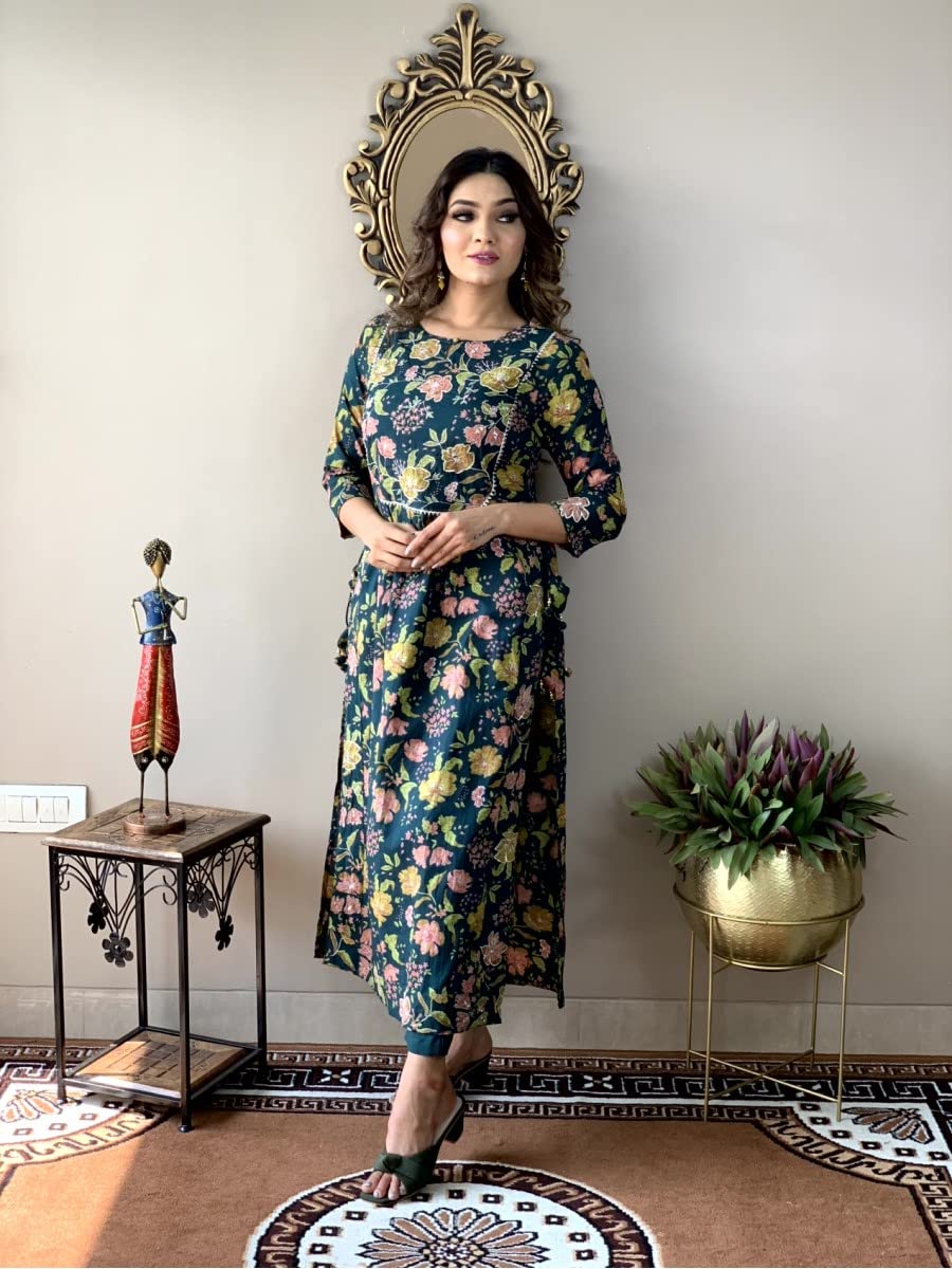 GoSriKi Women's Cotton Blend Printed Straight Kurta with Pant (Tilak Green-Nw-GS)