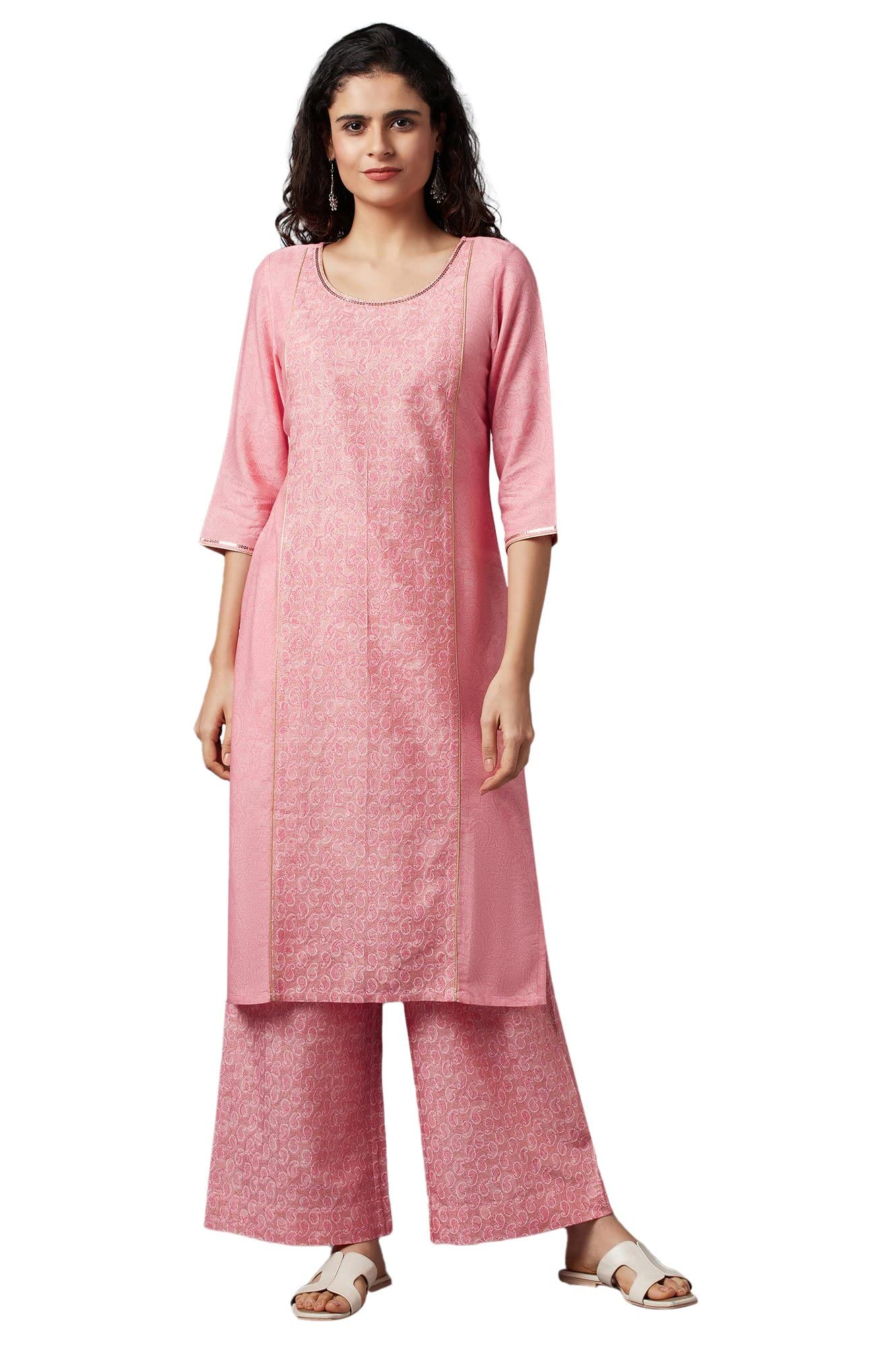 Aurelia Pink Printed Kurta And Palazzo Set (Size: L)-23Feas14285-504281