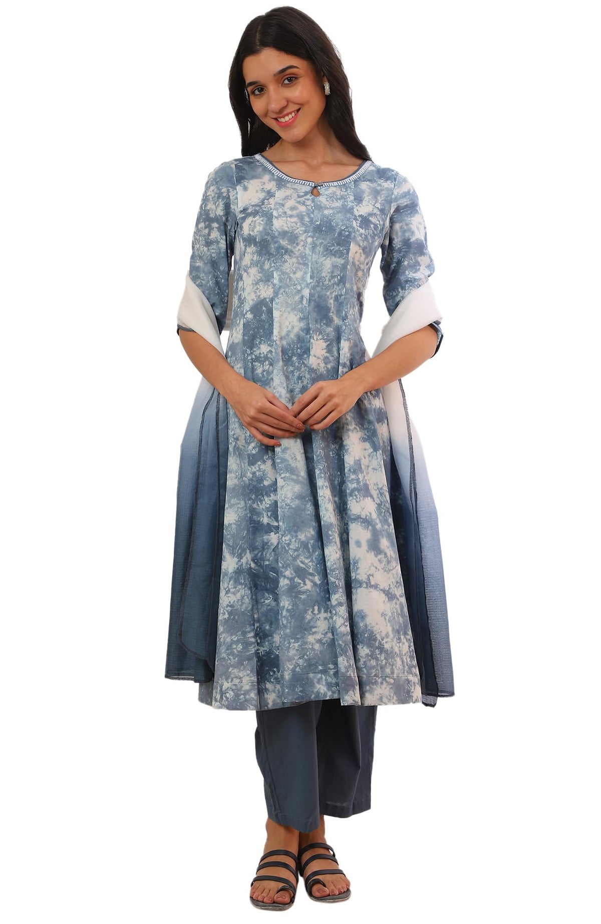 Aurelia Womens Blue Printed Flarred Kurta with Palazzo & Dupatta Set