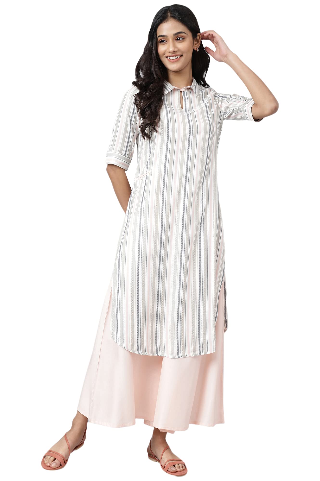 Aurelia Rayon Women Liva Off-White Yarn-Dyed Stripe Kurta With Light Pink Culottes_22Auas13444-701447_Large