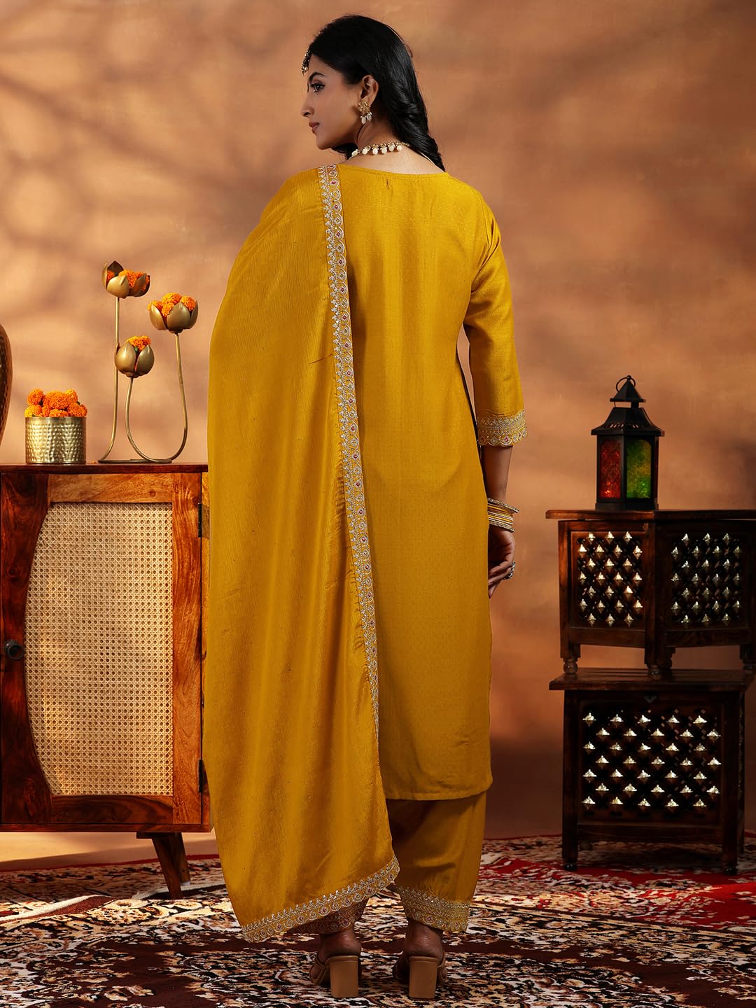 Libas Womens Embroidered Silk Blend Straight Kurta With Dhoti Pant And Dupatta