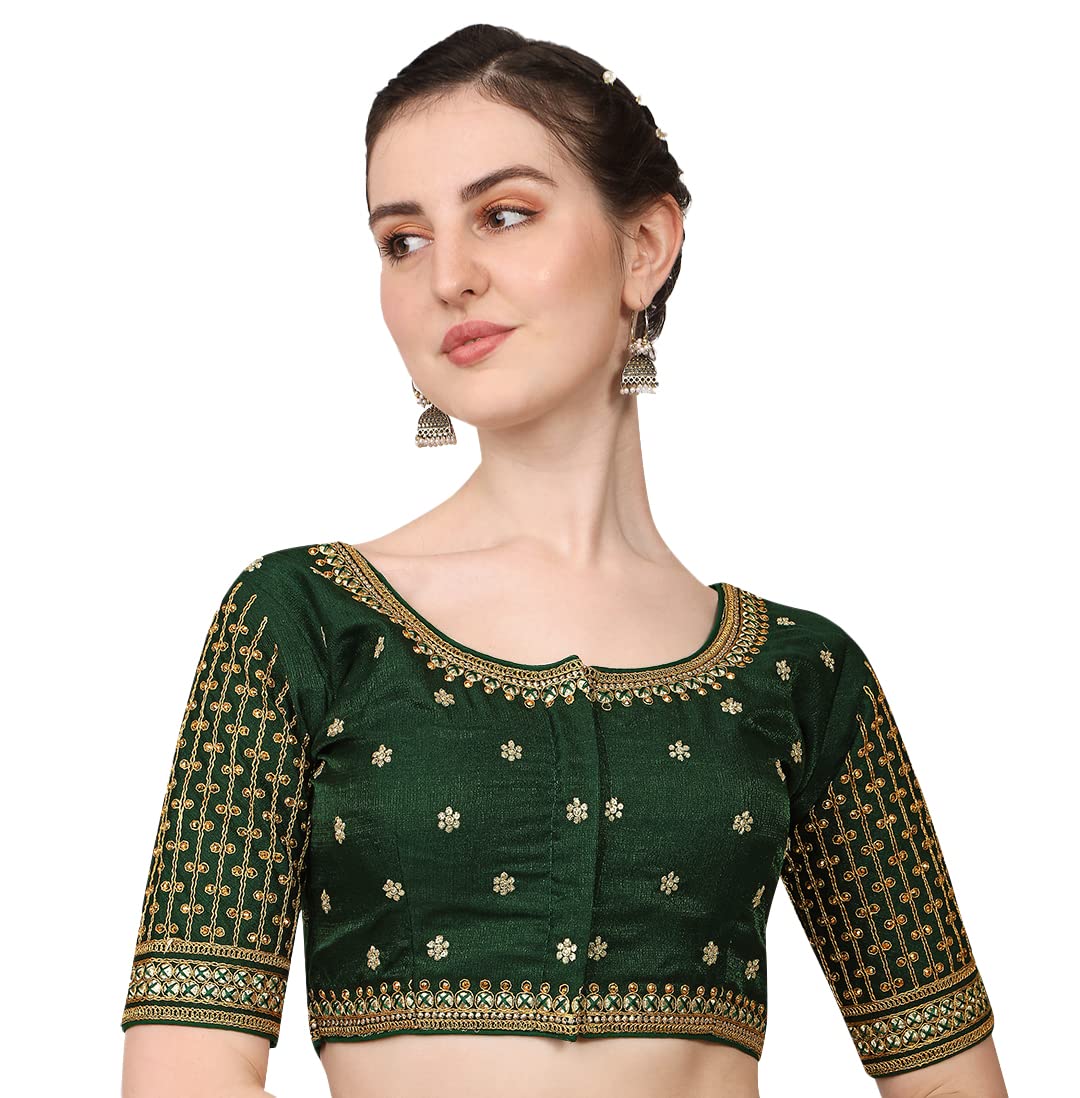 Pujia Mills WomenS Cobra Silk Embroidery Coding Stone Work Half Sleeve Saree Blouse