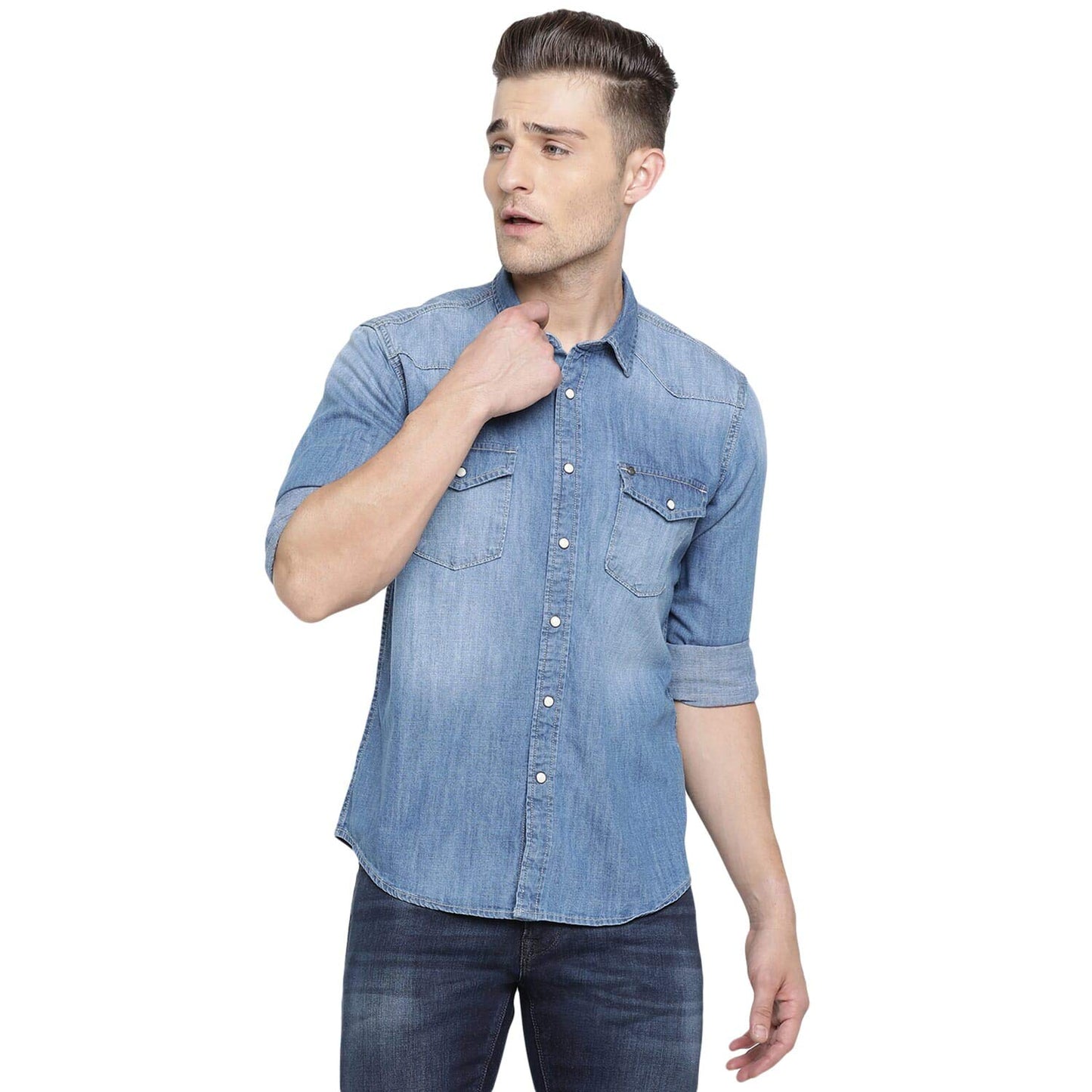 Pepe Jeans MenS Plain Slim Fit Casual Shirt (Pm306531G22_S_Mid Wash)